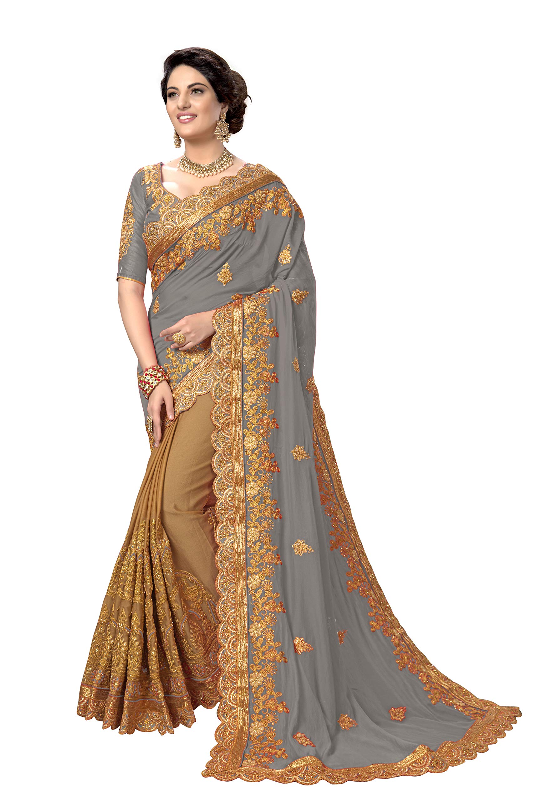 Nivah Fashion Women's Silk Embroidery Half Half Saree(UK.K810-Grey)