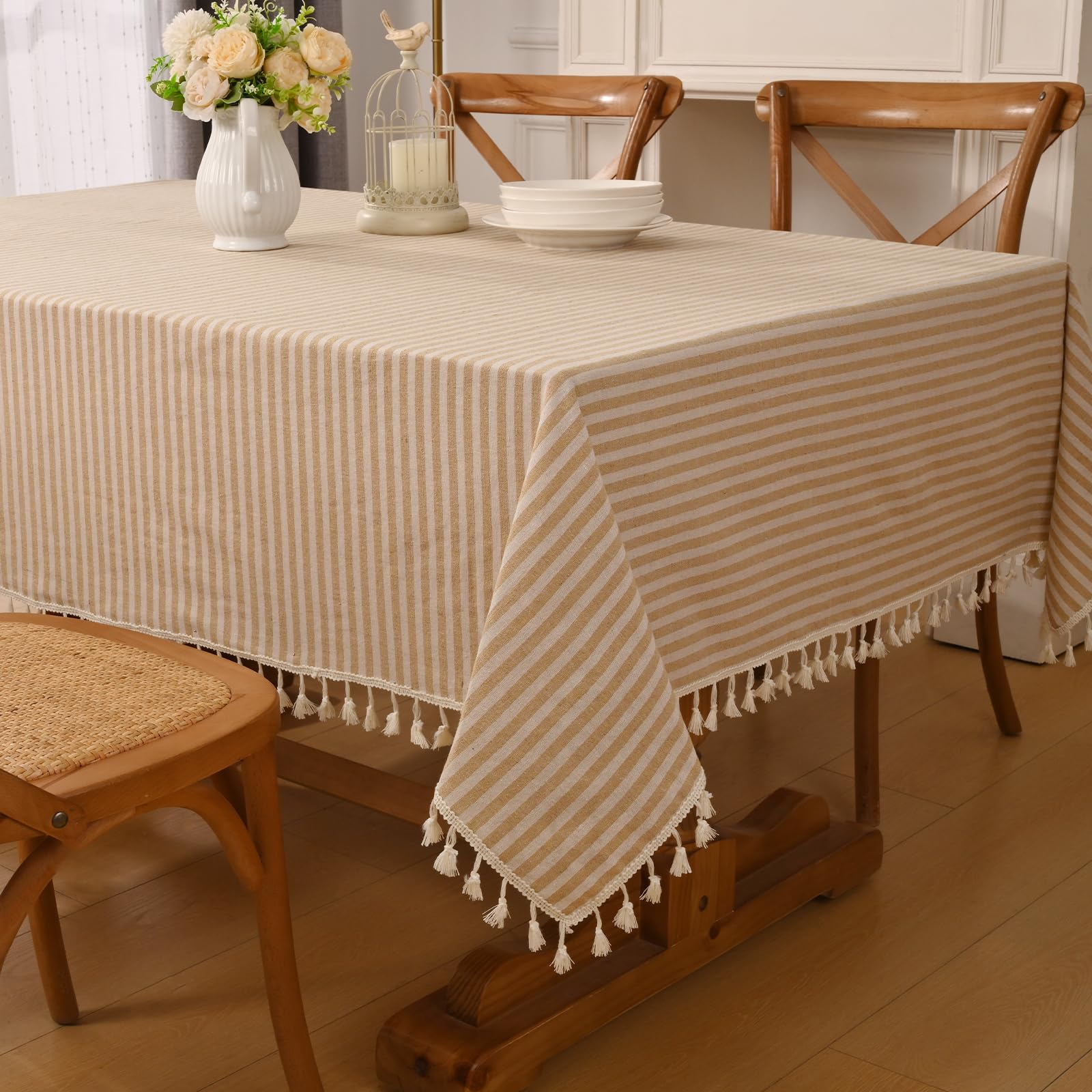 Alishomtll Mantel rectangular de lino con borlas a rayas, antimanchas, aspecto de lino, mantel para lavar, restaurante, fiesta, jardín, decoración, ropa de mesa, color beige y blanco, 100 x 140 cm