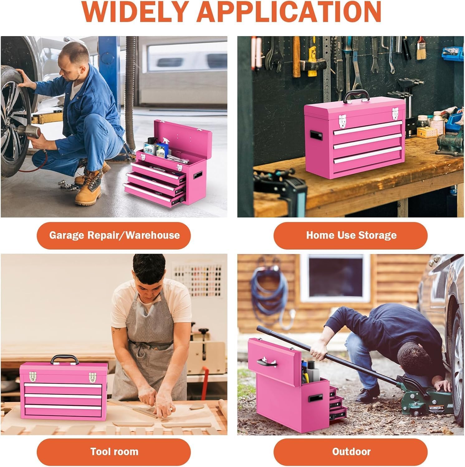 Portable Metal Tool Box, 3 Drawer Steel Tool Box with Top Storage Tray and carrying Handle, Multi-Function Tool Storage with Anti-slip Liner for Garage, Home, or Workbench, Pink