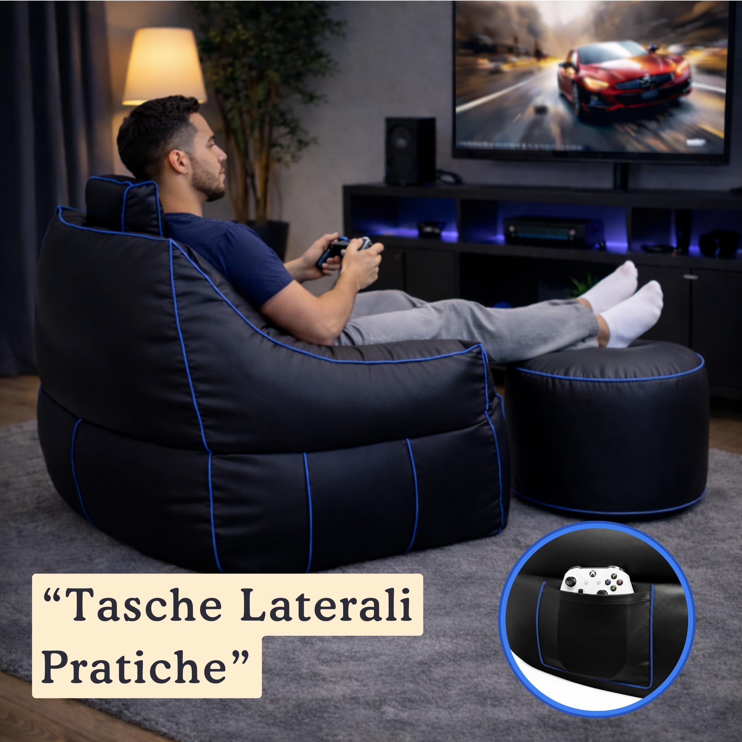 bananair - Set Pouf Poltrona Gaming XXL + Pouf rotondo - Comfort per relax e gaming - Poggiatesta regolabile, 2 tasche - Per divano, soggiorno e postazione gaming (110×100×90 cm, Blu)