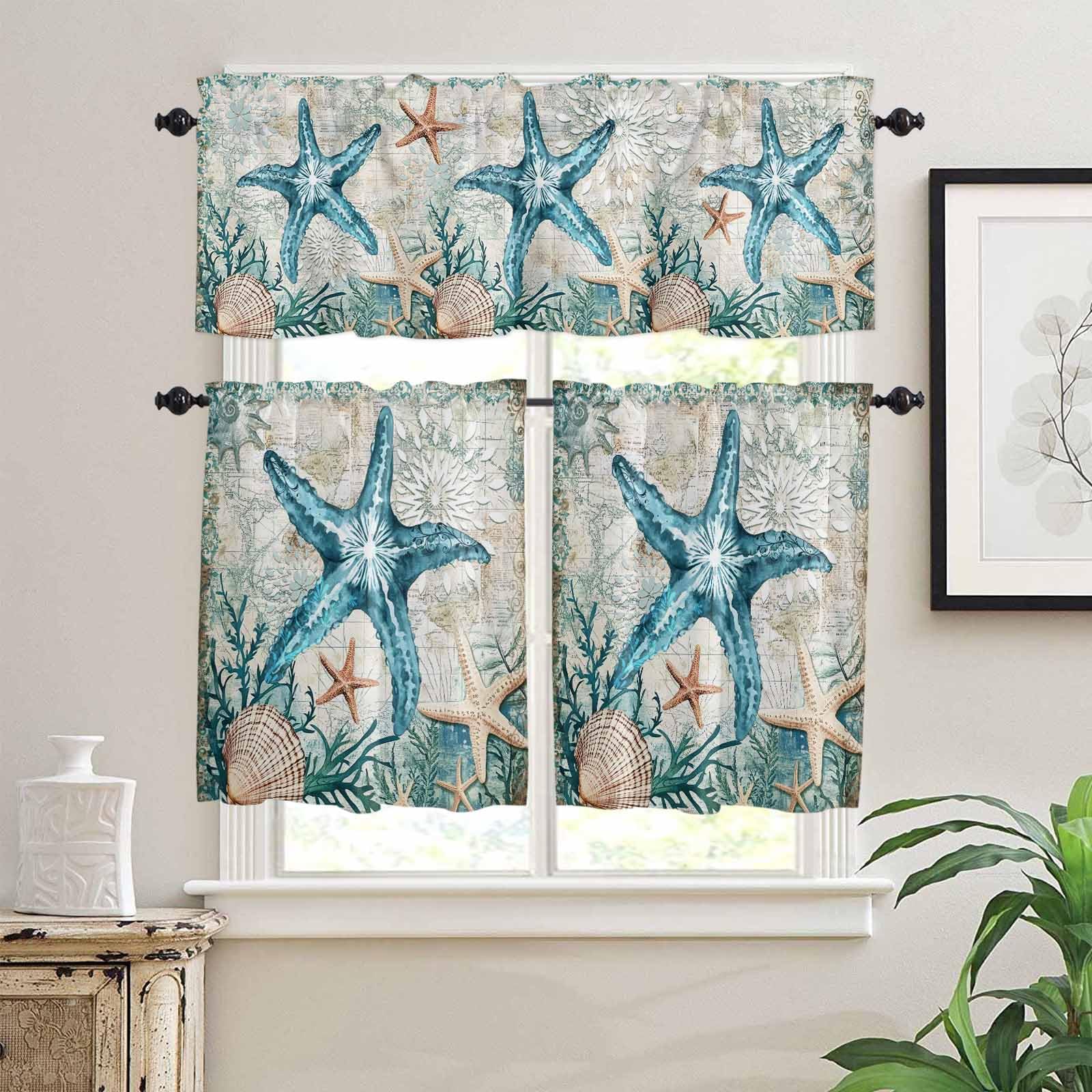 Coastal Starfish Kitchen Curtains 36 Inch Length, 3 Piece Rod Pocket Small Half Tiers and Valance Set, Ocean Coral Starfish Nautical Map Small Large Window Treatment Decor for Bedroom/Bathroom Sink
