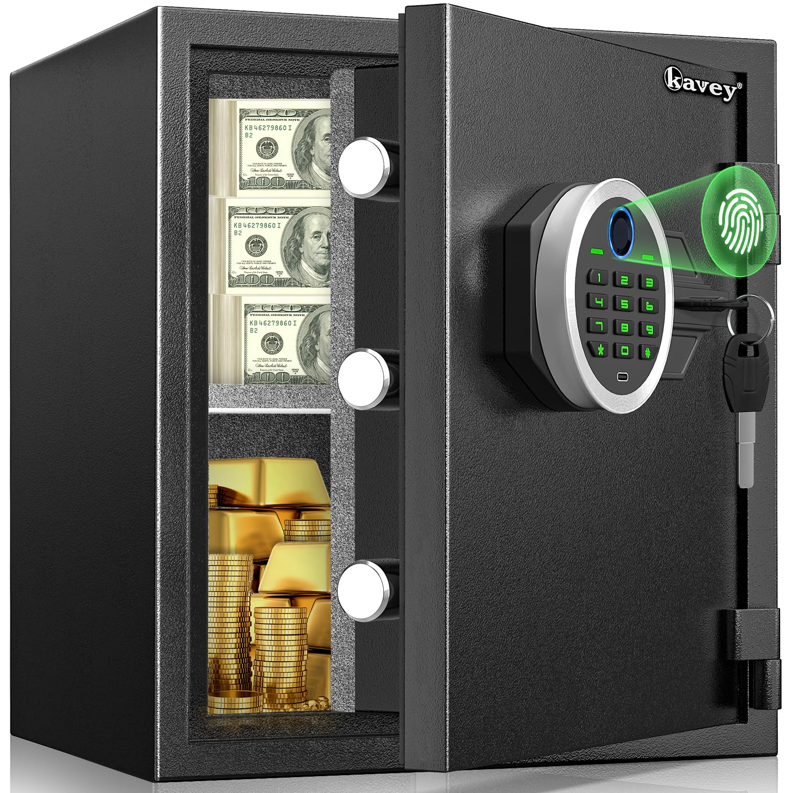 Kavey Biometric Fireproof & Waterproof Safe Box with Backlit Keypad, Dual Alarm System, Mute Function, Fingerprint Money Safe for Home Valuables