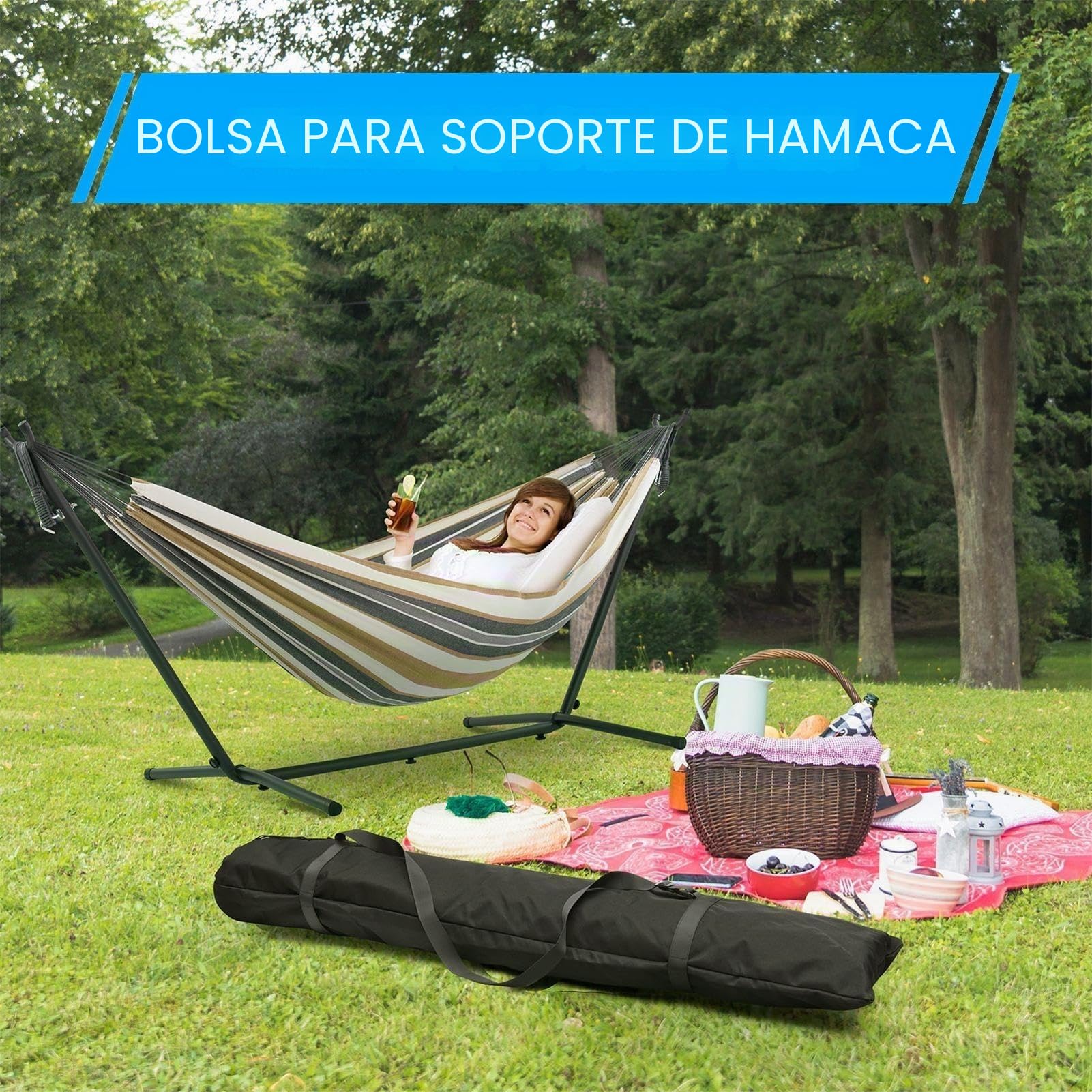 Bolsa de soporte para hamaca, soporte para hamaca de alto rendimiento con mango ajustable, organizador multifuncional y bolsa de alfombras, cordón grande para almacenamiento