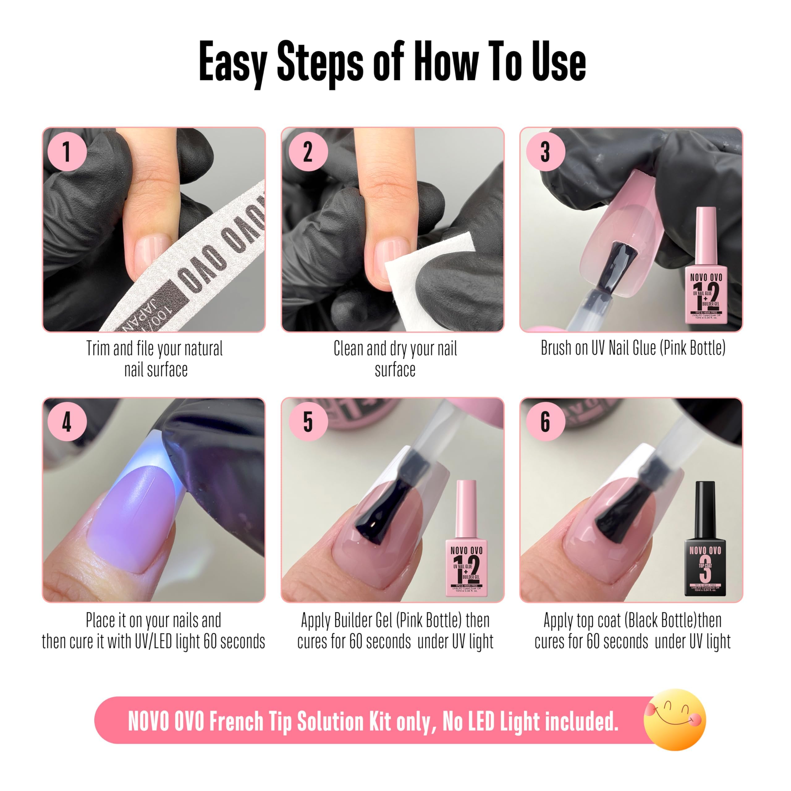 NOVO OVO UV klej do paznokci i żel budujący 2 w 1, zestaw bez potrzeby wycierania, top coat do wstępnie przyciętych francuskich końcówek, HEMA TPO FREE, ekstra mocne trzymanie do akrylowych paznokci
