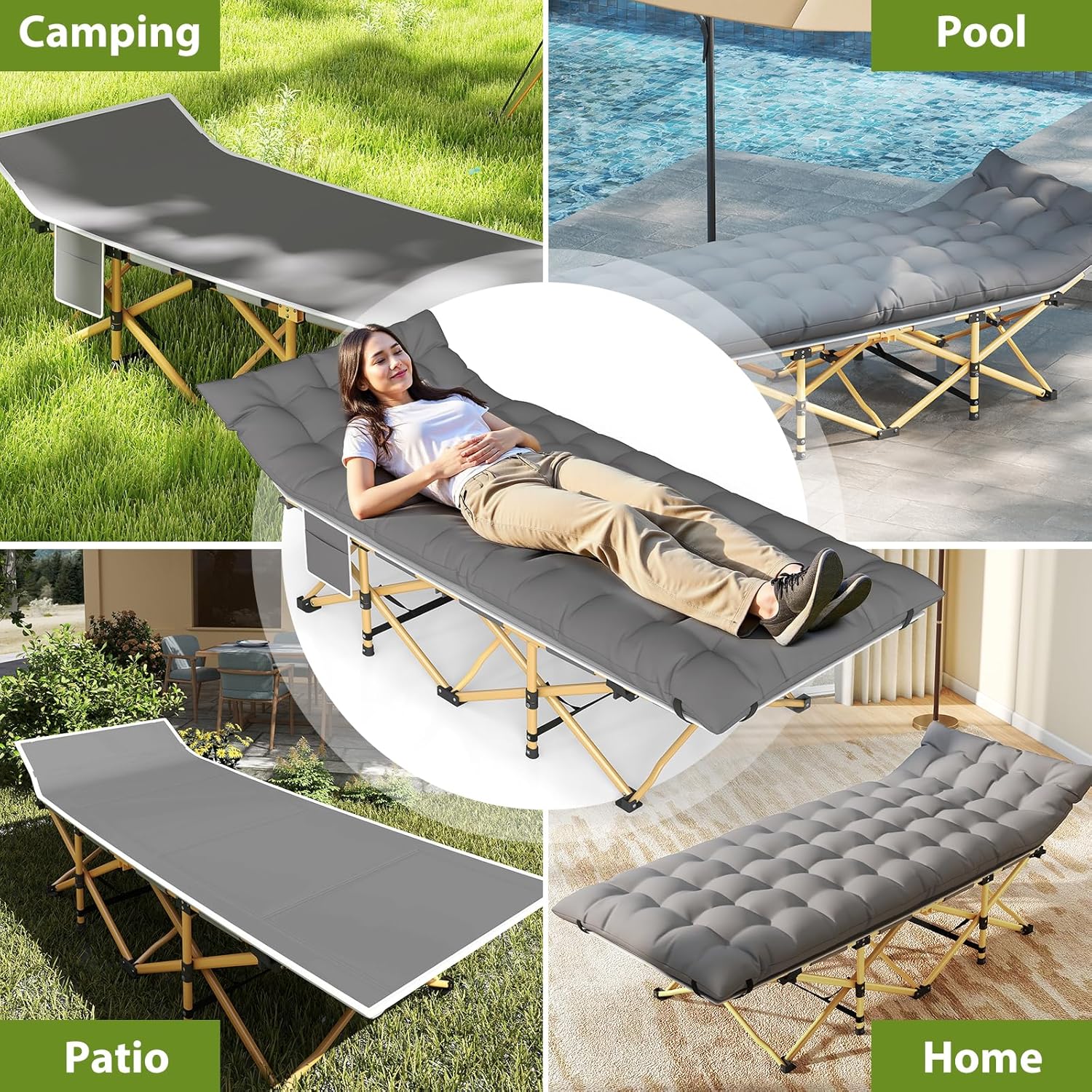 Folding Camping Cot for Adults, Heavy Duty Sleeping Cots with Carry Bag, Double Layer Oxford Portable Travel Camp Cots for Outdoor Camp Beach Home Office (Brass Frame with Gray Pad, 1PACK)