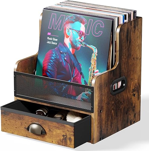 Caja de almacenamiento de discos de vinilo con cajón, caja de madera y soporte de discos de metal, organizador de álbumes LP para el hogar,