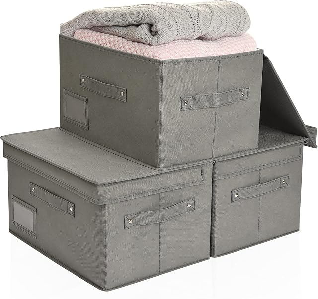 Salato Storage Baskets with Lids 3 Pack, Collapsible Storage Basket with Lid and 3 Handles & Label Holder, Fabric Storage Boxes with Lids for Organizing Clothes Towels Toys, Grey