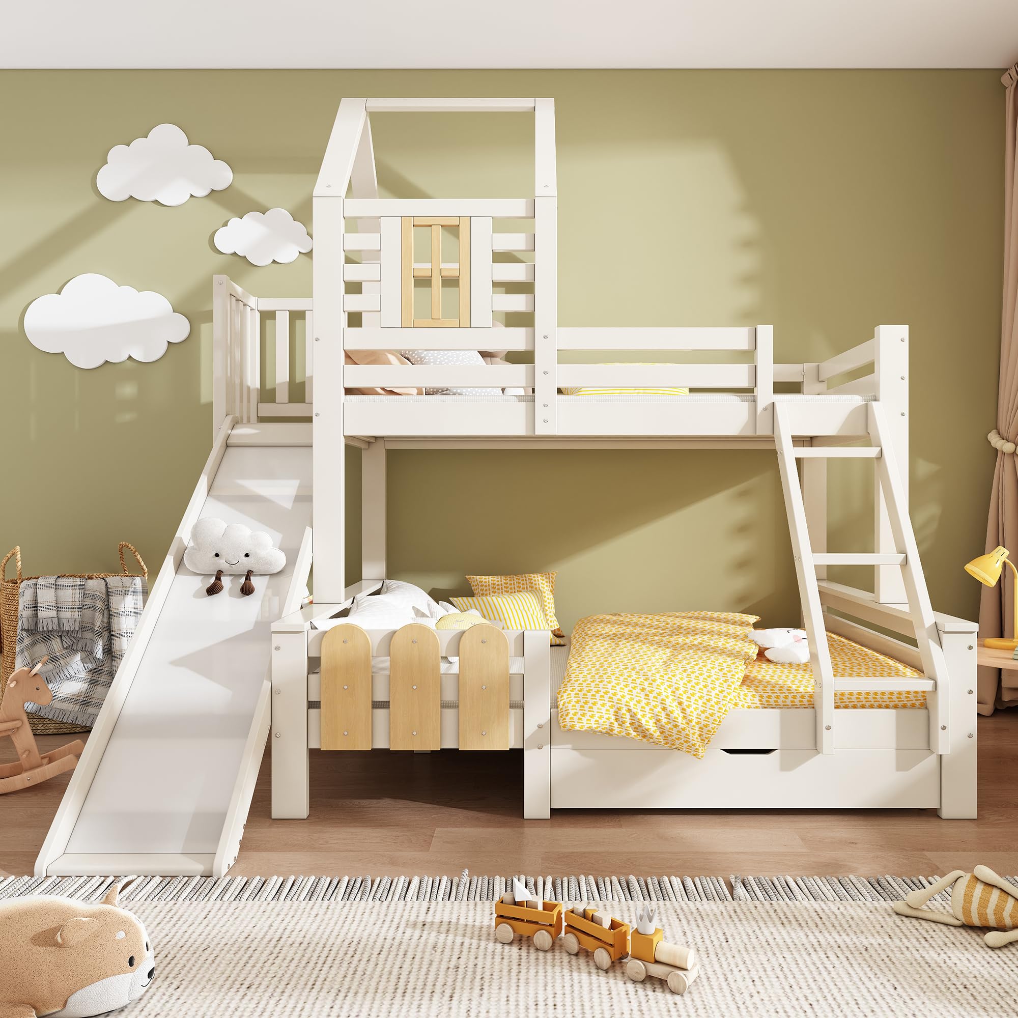 Litera 90 x 200 y 140 x 200 cm, cama con cajón tobogán y escalera, cama infantil con somier, diseño de cabaña de troncos, sin colchón, color blanco