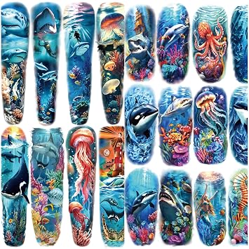 123 Sheets Ocean Temporary Tattoo for Women and Men, 8 Sheets Full Arm Tattoo, 25 Sheets Half Arm Shark Dolphin Beach Fake Tattoos, 90 Sheets Holiday Ocean Tiny for Adults Kids Body Tattoos Stickers