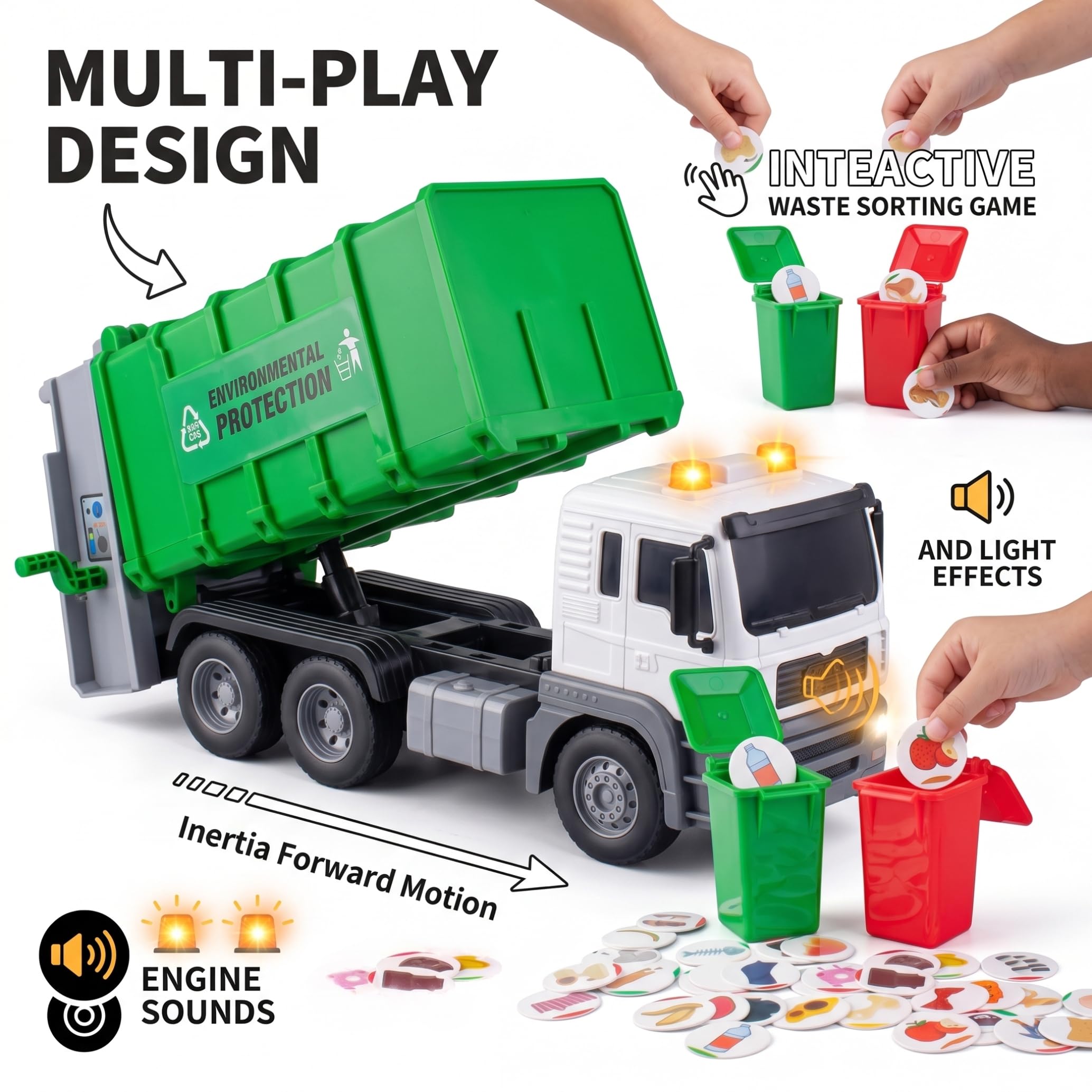Juguete de camión de Basura con Elevador neumático, Verde, 1 Juego, diversión con Elevador Resistente y accionado por Aire para niños Mayores de 3 años para Aprender a Jugar