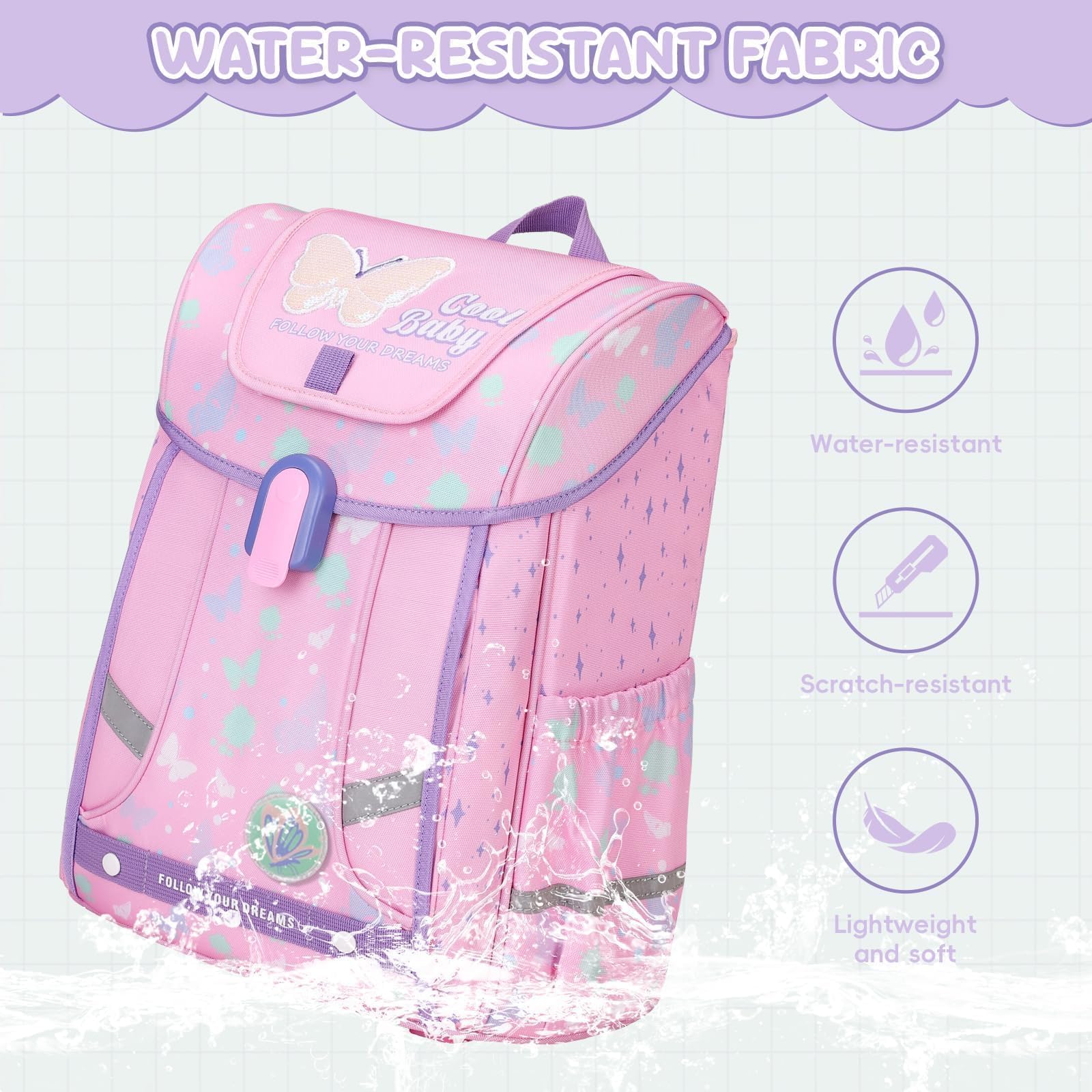 Amythe Set 4-teilig Schulranzen Mädchen Ergonomischer, Schulrucksack Mädchen der ab 1. Klasse, Rucksack Kinder mit Brustgurt, Reflektoren, Abnehmbarer Gürtel, Schmetterlingsmotiv