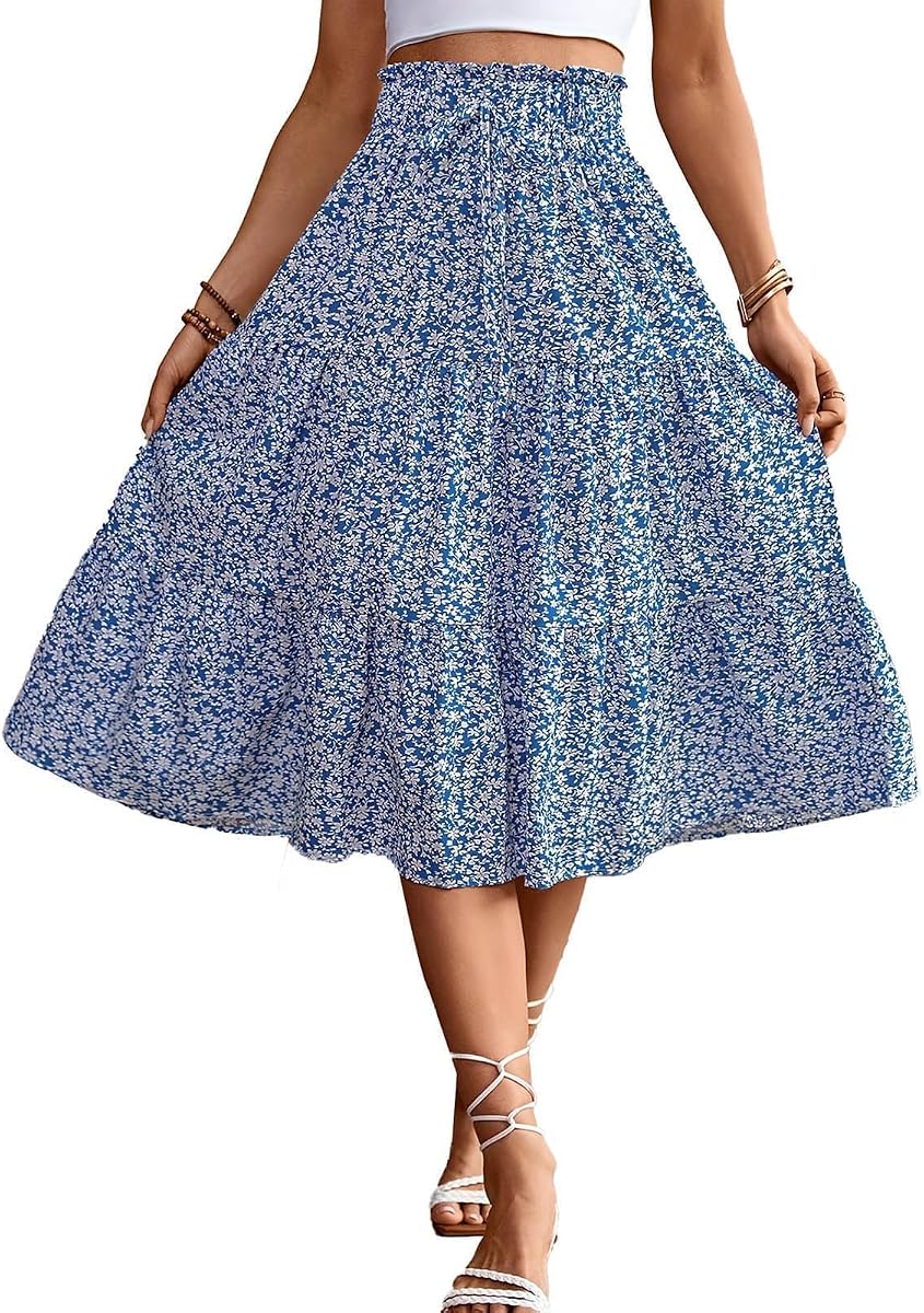 BARASA Women's Midi Skirts Boho High Elastic Waist Summer A line Skirt D626