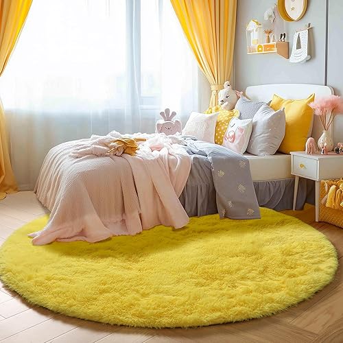 Miniatura 4 de PAGISOFE - Alfombras redondas de 5 pies, alfombras esponjosas amarillas para dormitorio de niñas, alfombra linda para habitación de niñas, alfombra