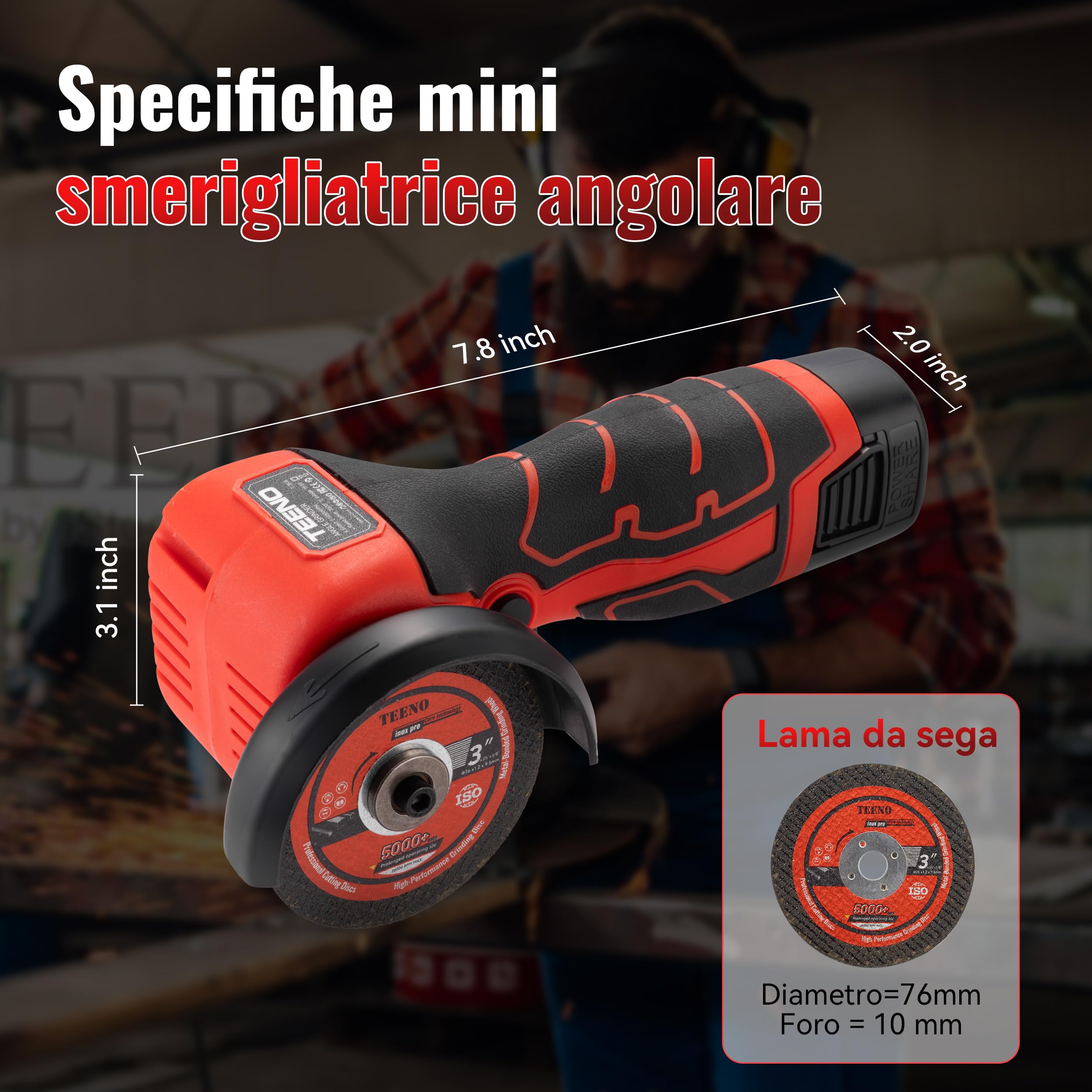 Smerigliatrice Angolare TEENO 19.500 RPM - Smerigliatrice Senza Filo 76mm, Kit Completo con 2 Batterie 2000mAh e 6 Dischi - Per Smerigliatura, Lucidatura, Taglio Professionale