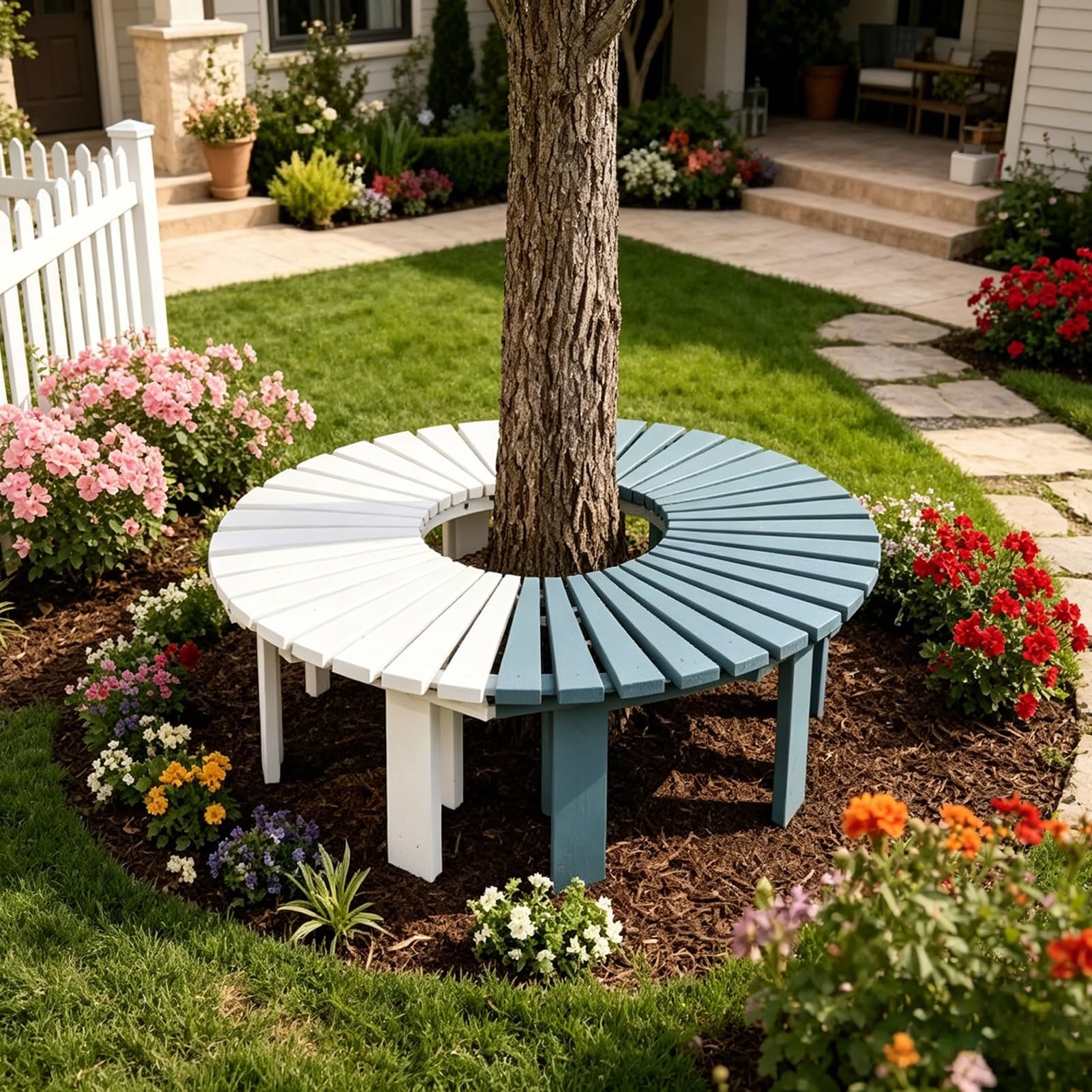 Banco de jardín de madera para crear un rincón de lectura bajo el árbol