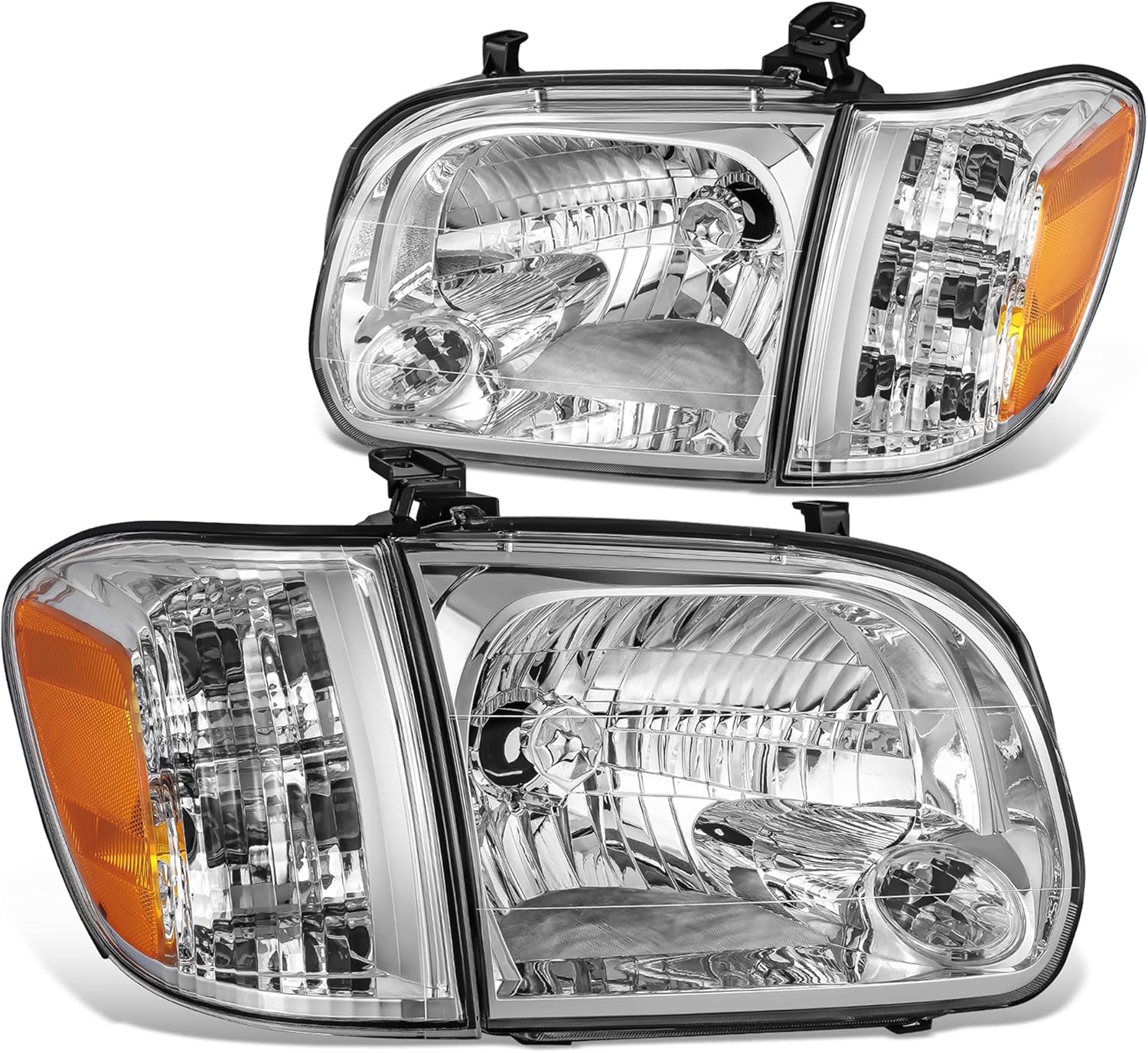 DNA MOTORING Pair of OE Style Headlights Compatible with 05-07 Sequoia / 05-06 Tundra Crew Cab, Chrome/Clear/Amber, HL-OH-TT054P-CH-AM
