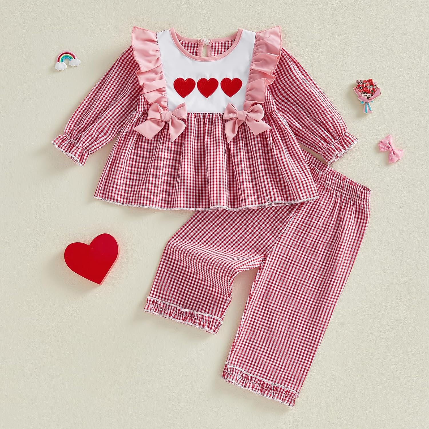 Toddler Girl Valentines Day Outfit Embroidery Ruffle Long Sleeve Tunic Dress Top Plaid Wide Leg Pants 2 Piece Clothes - Image 4