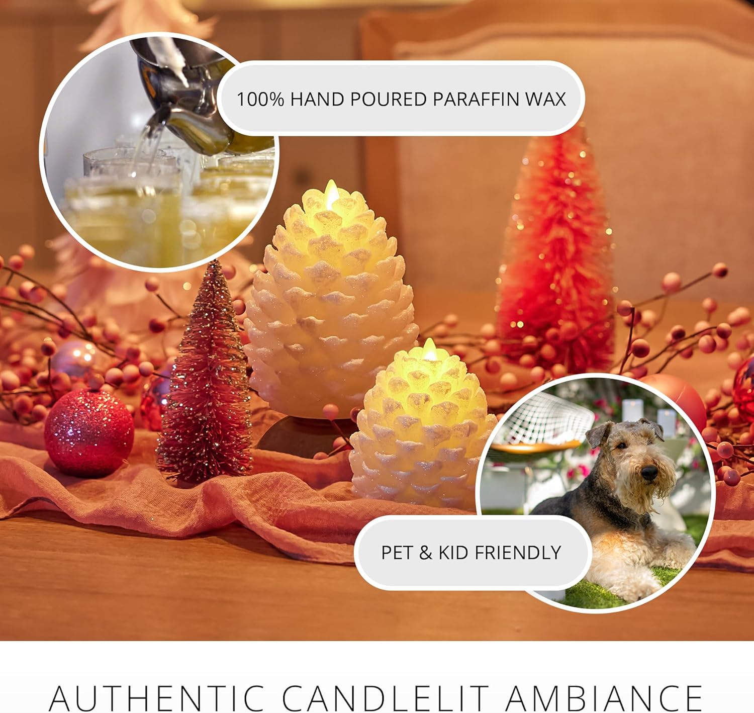 Luminara Pinecone Flameless Candle White Swan Glitter and Snow Finish Pine Cone Figural, Real Wax Unscented LED Candles, Battery Operated with Timer, Holiday Decoration (3.9" x 4.3") - Image 4