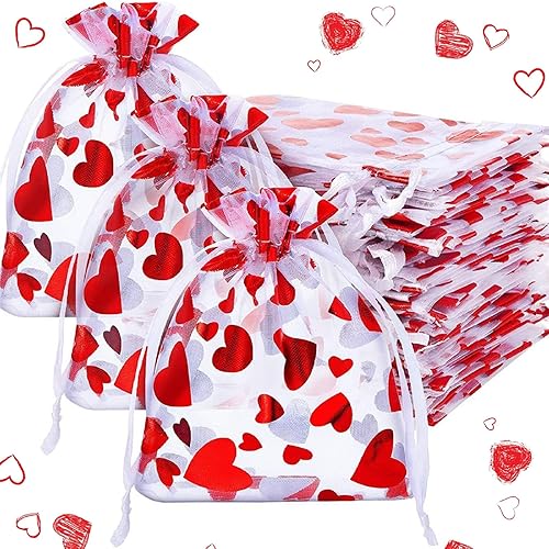 SIROGOGO 50 bolsas de dulces de corazón, bolsas de organza para joyas, bolsas con cordón para embalaje de joyas, día de San Valentín, boda,