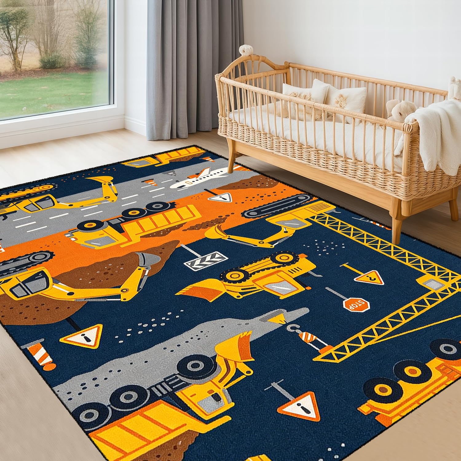 SMXVRC Digger Rug for Kids, 60x110cm, Navy Blue Construction Site Excavator and Crane Printed Carpet, Boys Bedroom Soft Foldable No Crease Mat for Floor Home Decor — image 1