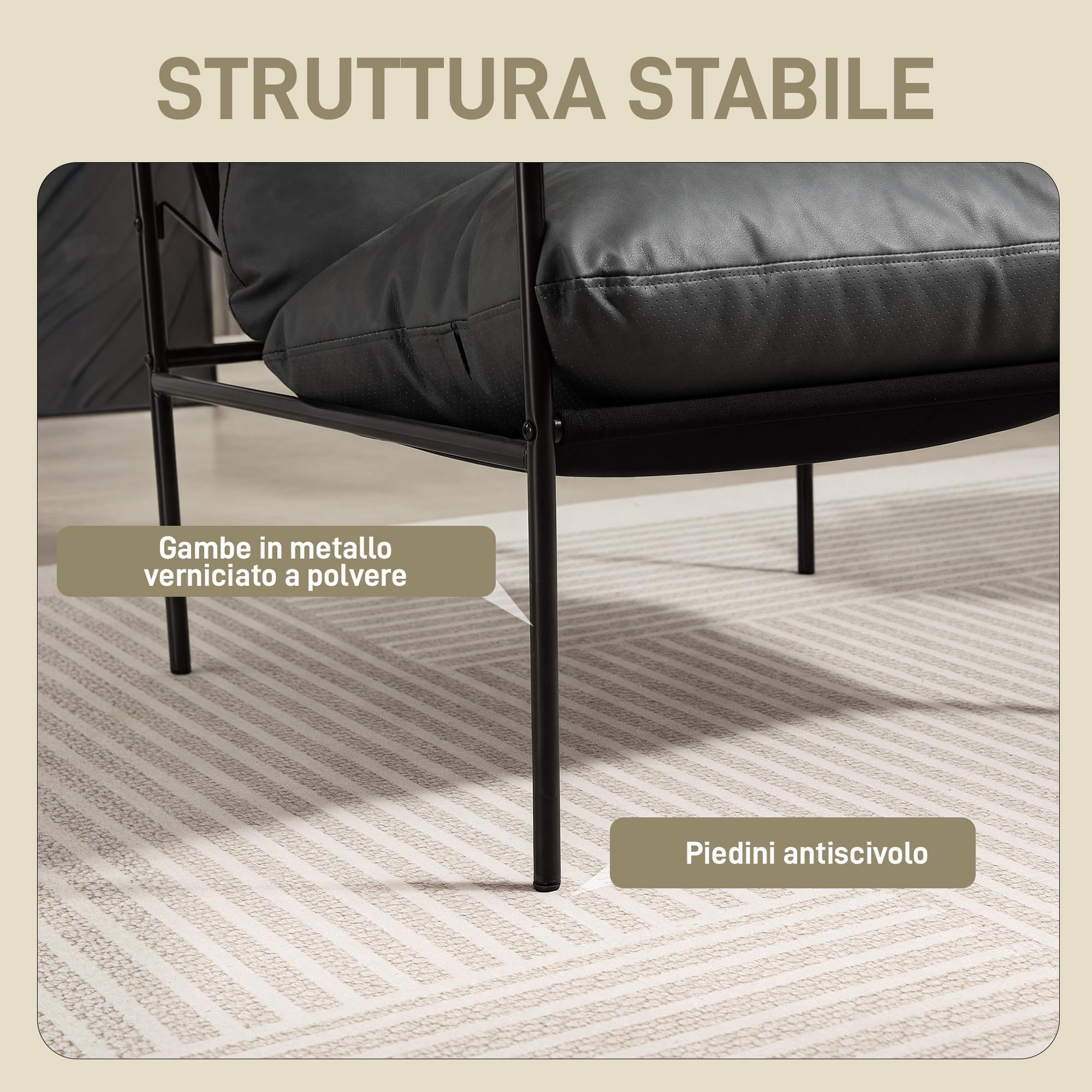 HOMCOM Poltrona da Salotto Imbottita Moderna, Poltroncina Camera da Letto con Cuscini Rimovibile, Braccioli e Telaio in Metallo, Poltrona Relax in Pelle PU per Soggiorno, 74.5x75x77 cm, Grigio Carbone