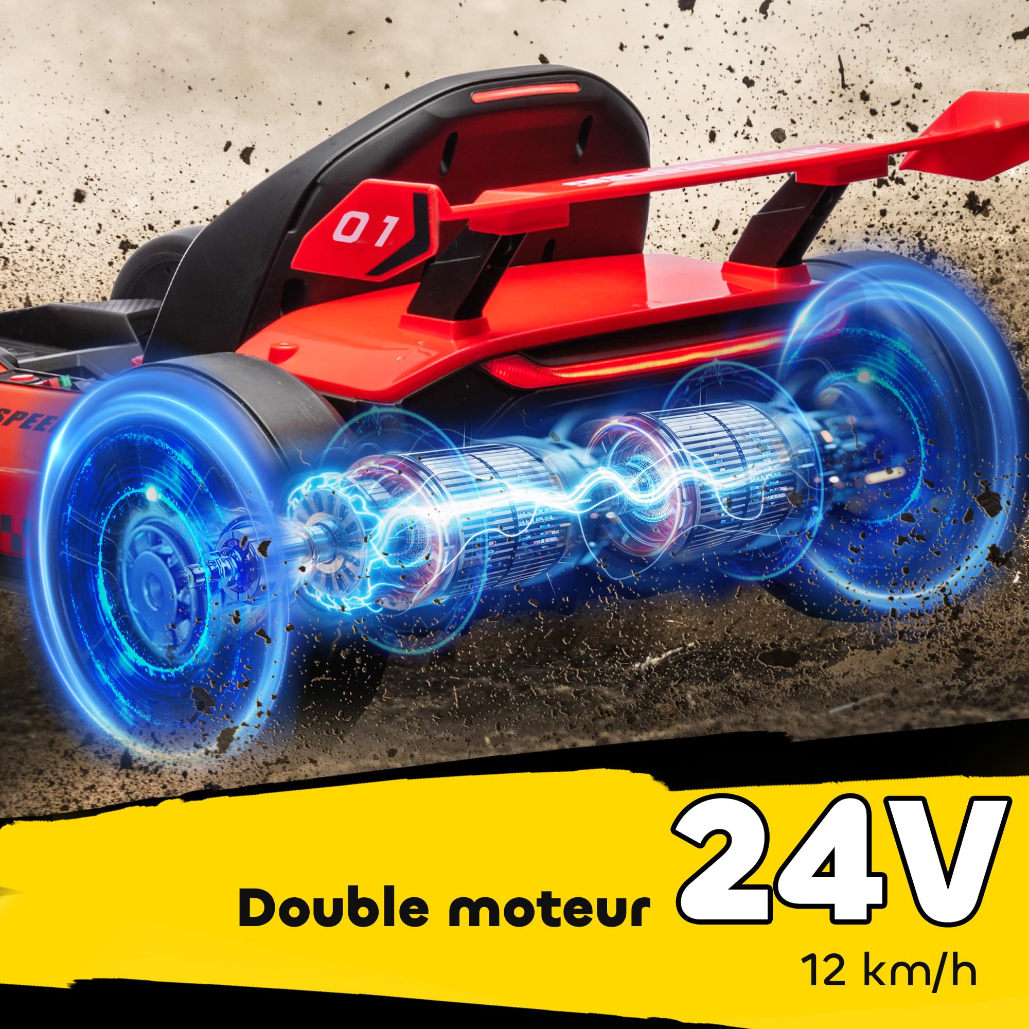 HOMCOM Kart électrique pour Enfants 24 V, 2 x 150 W, LED, Drift, Musique, 6-12 Ans, Rouge