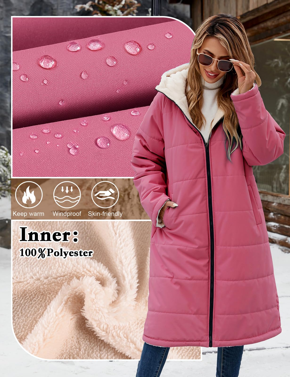 Tuopuda Damen Wintermäntel Lang Winterjacke Warm Winter Fleece Gefüttert Sweatjacke Jacke Mantel Parka Jacket mit Kapuze Teddyfleece Steppjacke Übergangsjacke Winterparka Steppmantel