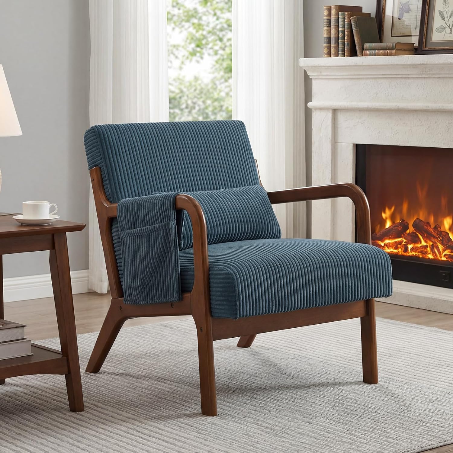 DUMOS Mid Century Modern Accent Chair, Upholstered Armchair with Lumbar Pillow and Solid Wood Frame, Comfy Reading Chair for Small Living Room, Bedroom, Guest Room, Navy Blue