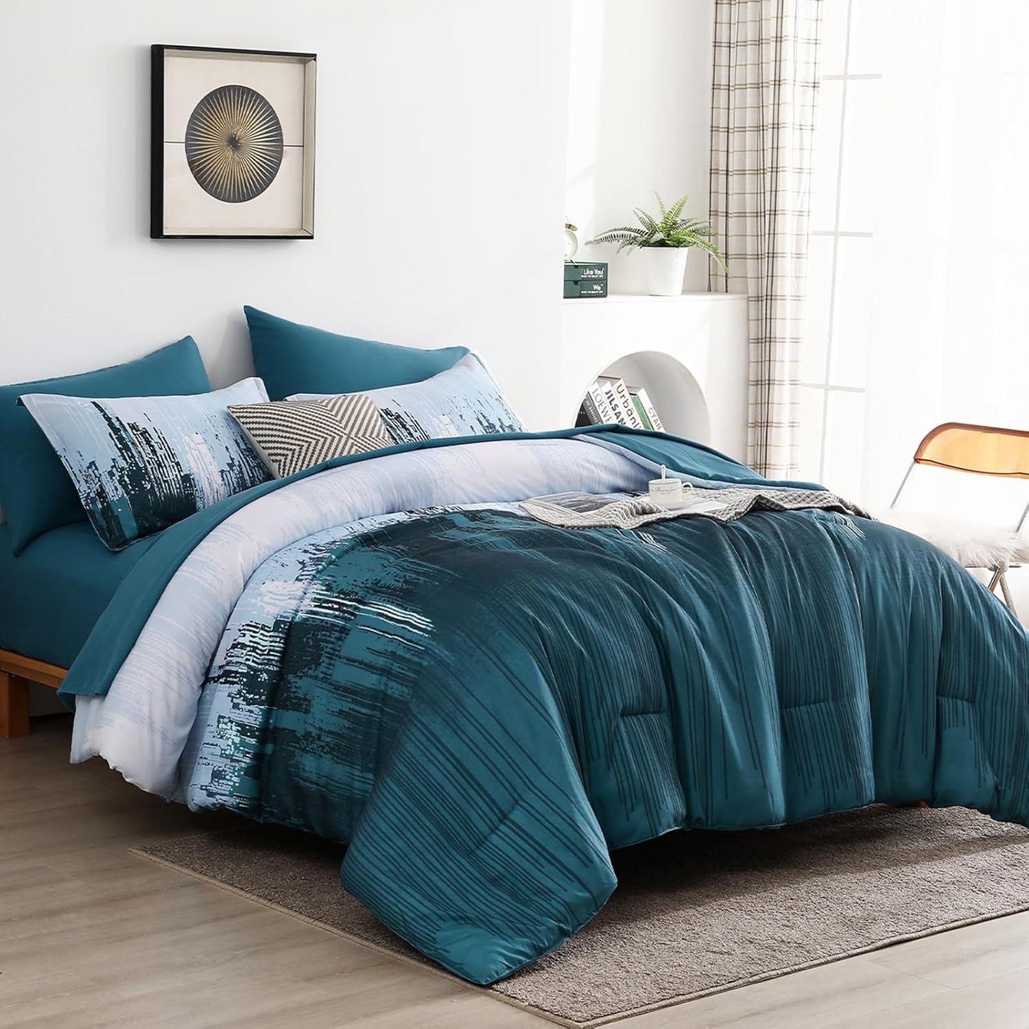 WONGS BEDDING Comforter Set King, Teal Blue 7 Pieces Bed in a Bag Colorful Abstract Art Gradient Comforter Soft Microfiber Bedding Set with Comforter,Flat Sheet,Fitted Sheet,Pillow Shams,Pillowcases