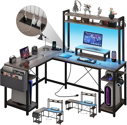 Miniatura 8 de Escritorio para juegos en forma de L con gabinete, escritorio de oficina en casa de 95.3 pulgadas con toma de corriente y luces LED, escritorio