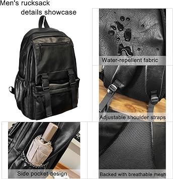 Black Leather Rucksack Men, PU Leather Laptop Backpack for Men, Water-Resistant 15.6 Inch Large Capacity Gothic Business School Travel Rucksack