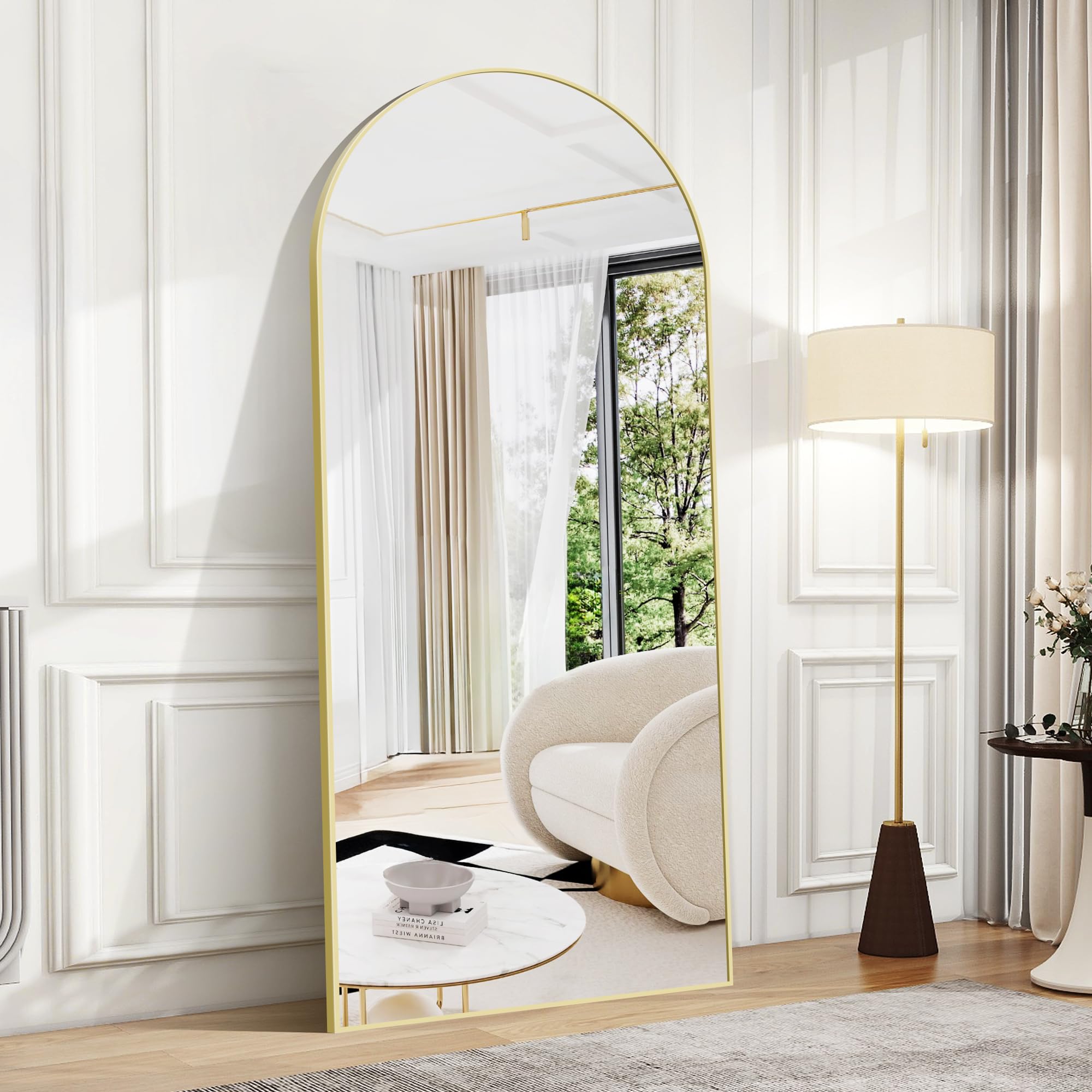 BONEWEI Arched Full Length Mirror, 179x65cm Full Body Free Standing Mirror Gold Aluminium Frame, Large Floor Mirror Standing Hanging or Leaning Against Wall for Bedroom, Entry, Living Room