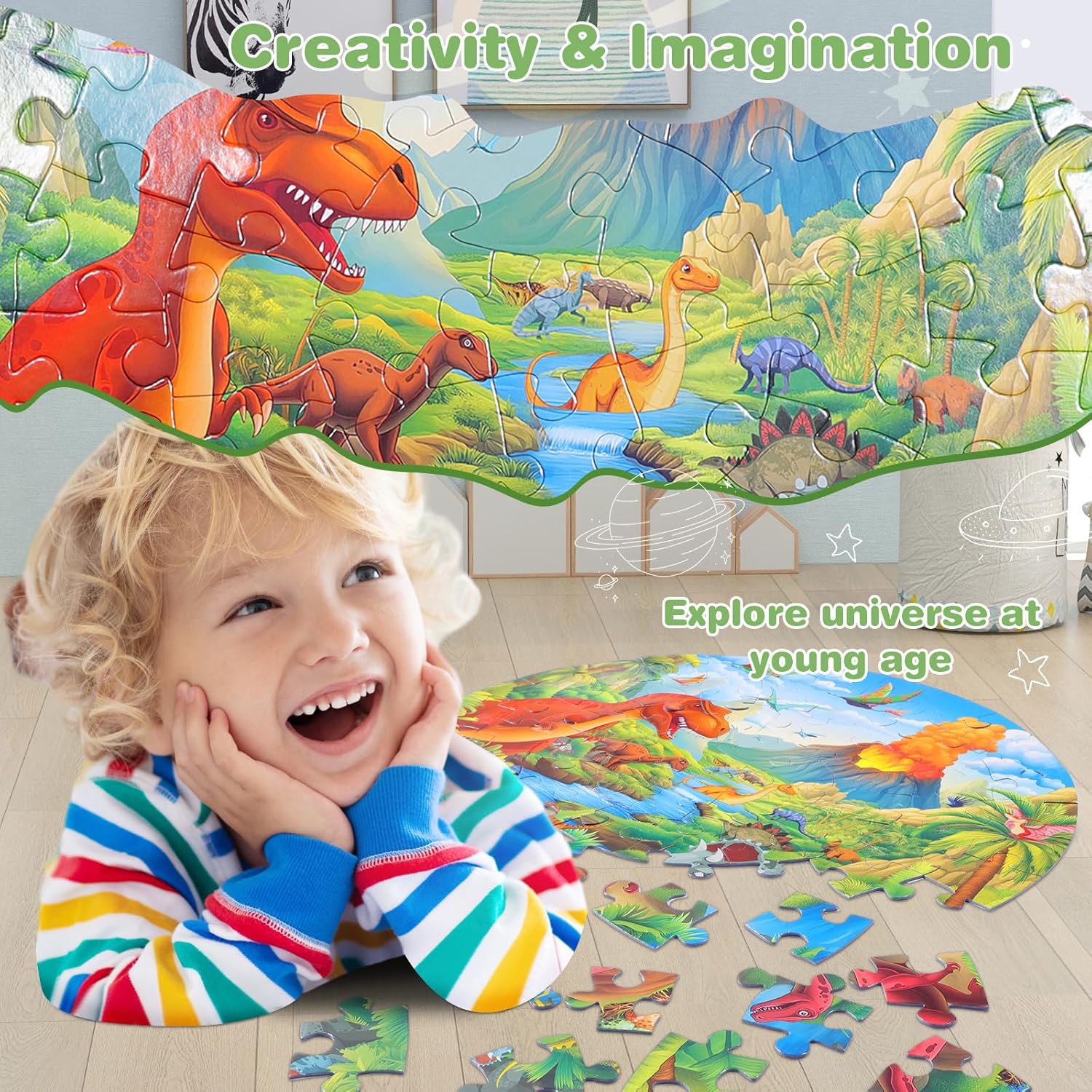 Civaner 70 Pieces Floor Puzzles Round Large Puzzles for Kids Ages 3-5 5-8 Jumbo Jigsaw Puzzle Educational Gifts for Toddlers Girls Boys Baby Shower Holiday Birthday(Jurassic Dinosaur)