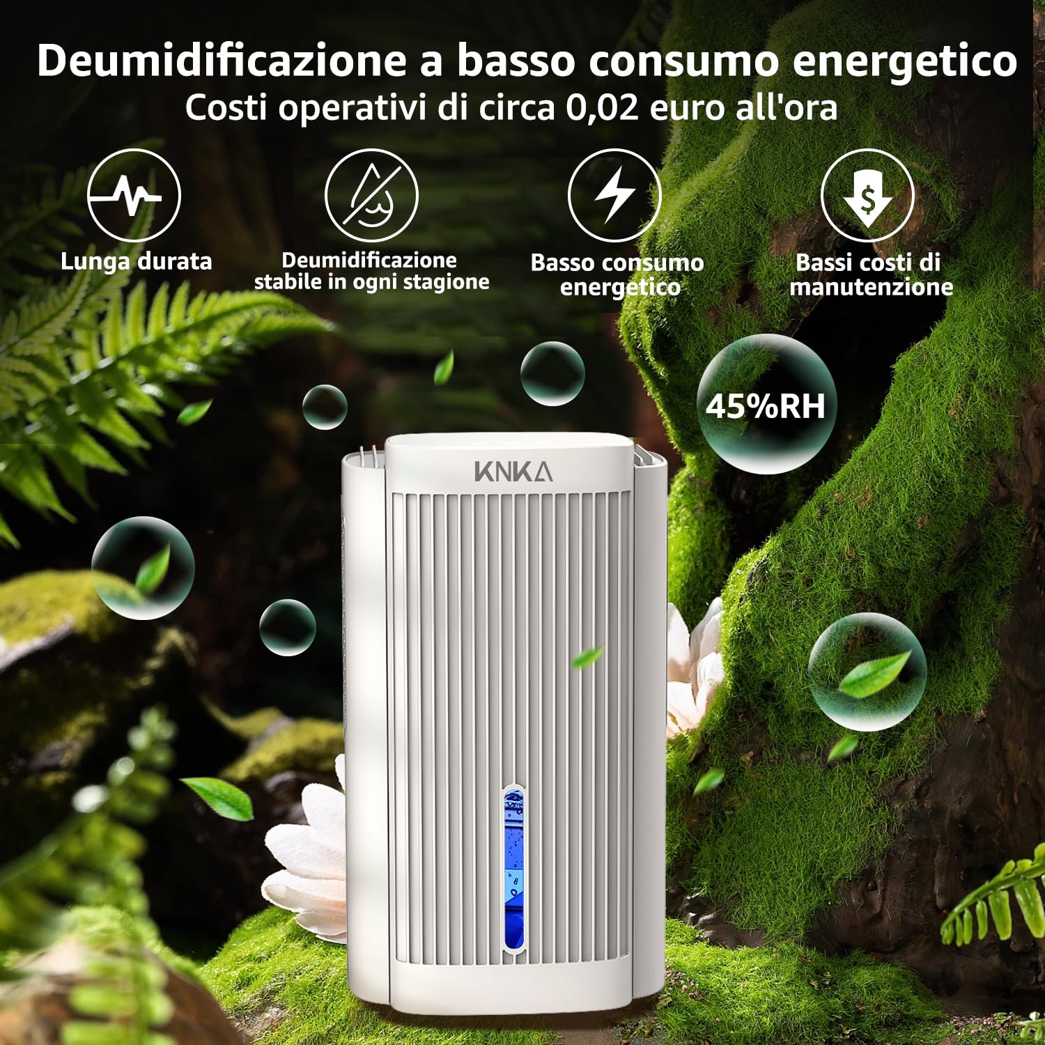 KNKA Deumidificatore, 1,1 l/g, Deumidificatore Casa, Rumore <28 dB, Deumidificatori per ambienti fino a 17 m² come bagno, armadio o camera da letto, Spegnimento automatico e sbrinamento, Bianco
