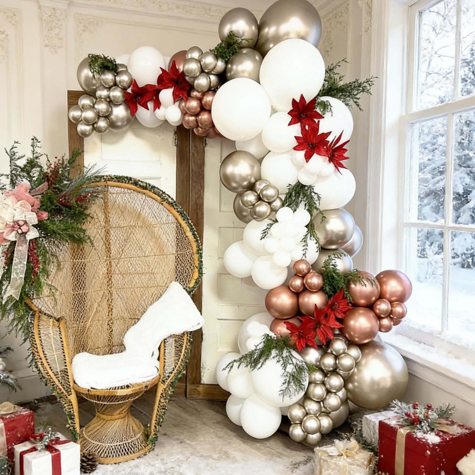 HILAVO Christmas Balloon Arch Kit, 113PCS White Silver and Rose Gold Balloons Garland with Star Foil Balloons for Xmas Holiday Winter Baby Shower Bridal Wedding New Year Birthday Party Decorations