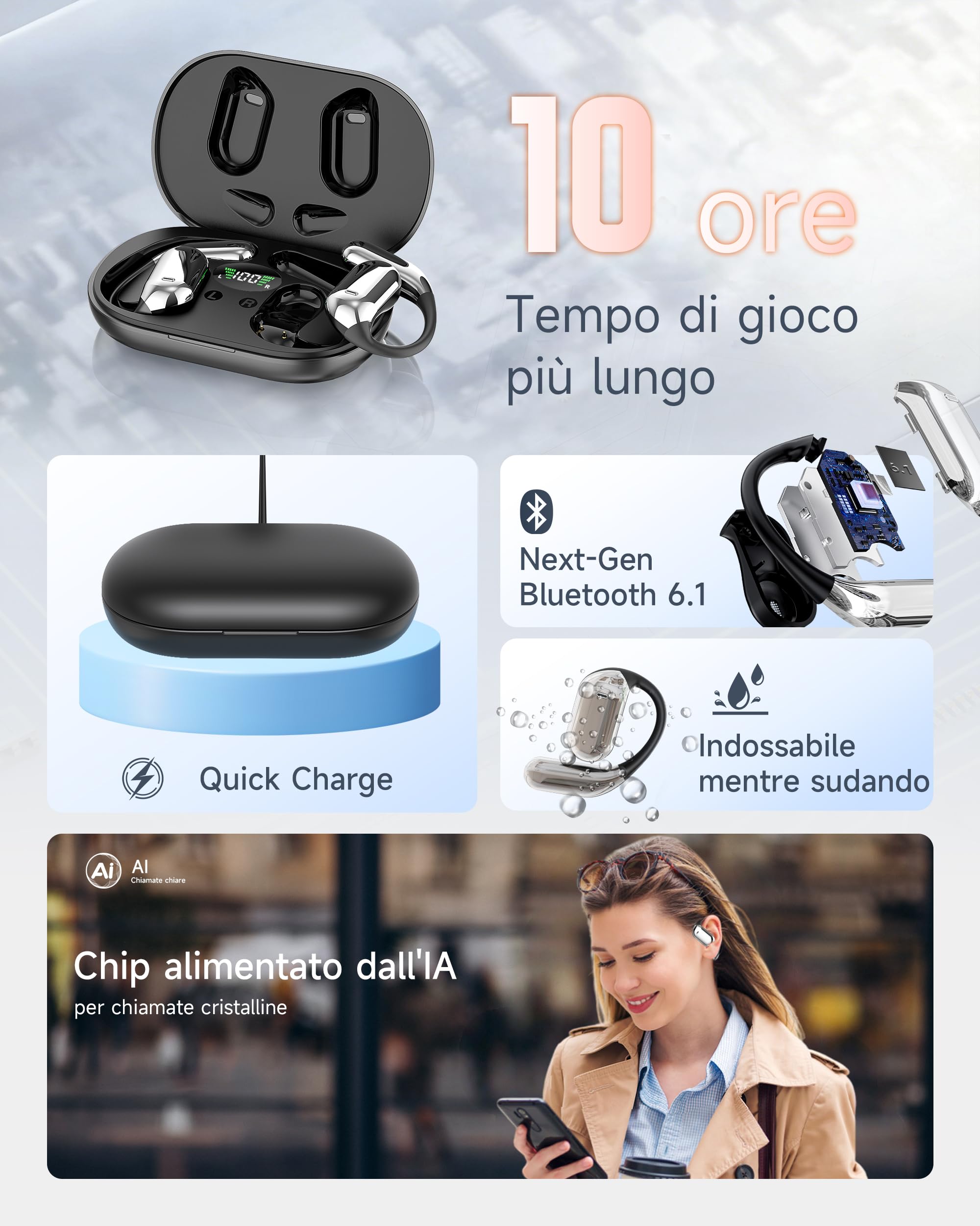 Cuffie Bluetooth Auricolari Bluetooth 5.4, Sport Cuffiette Wireless, Cuffie Open Ear 48 Ore di Riproduzione, Cuffie Senza Filo HiFi Stereo IP7 Impermeabili, Auricolare Bluetooth per iOS & Android
