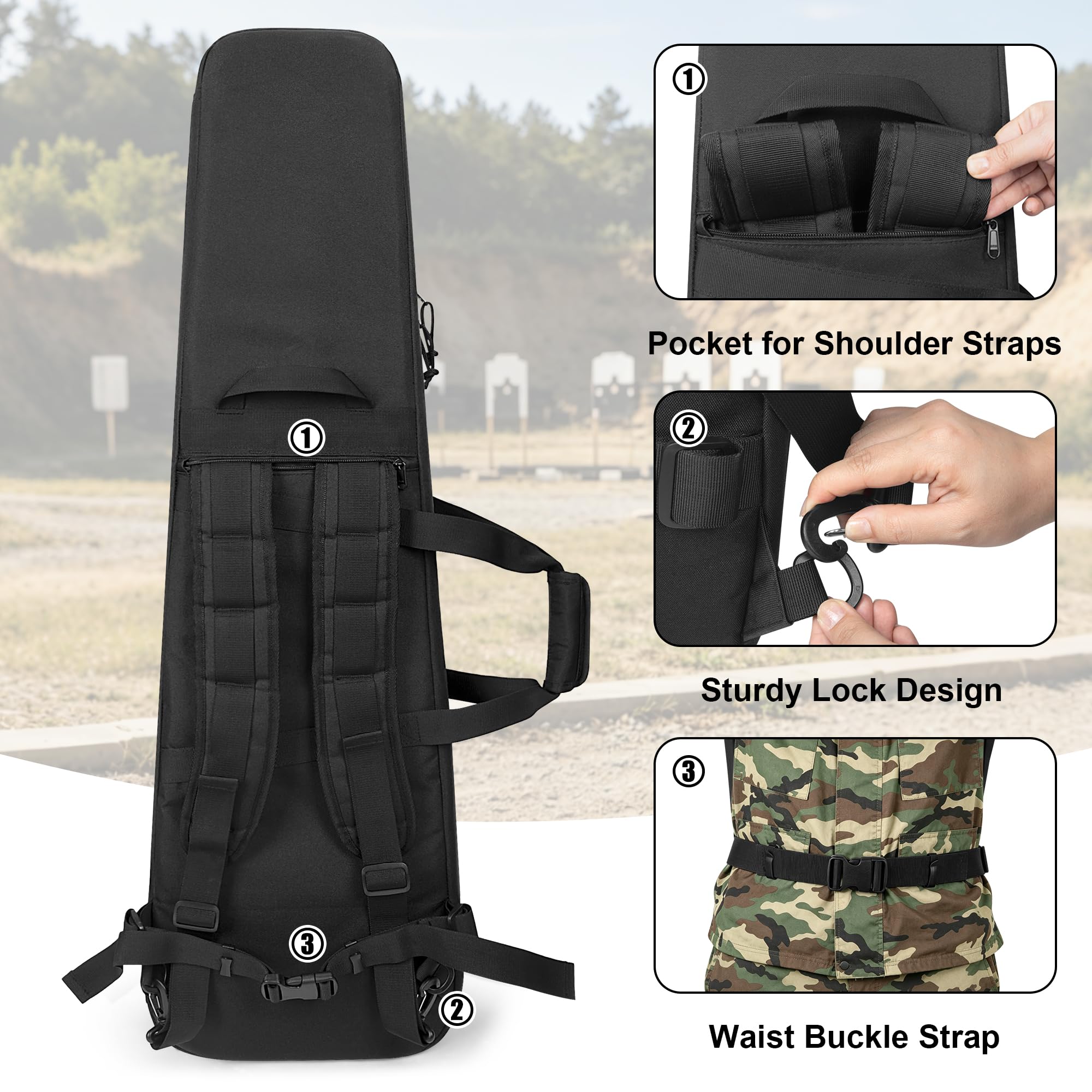 DSLEAF Mochila y Funda Doble para Rifles de 42”, Estuche de Transporte Acolchado con Cremalleras con Cierre de Doble Vía, Bolsa Táctica con Múltiples Bolsillos para Tiro y Caza