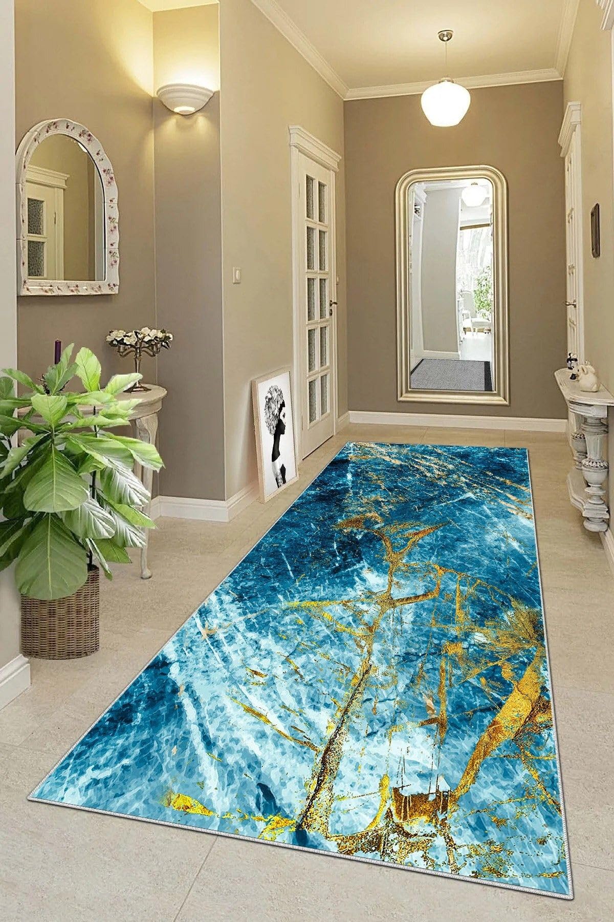 Pelangi Gold Detaylı Okyanus Esintili Dijital Baskı Yıkanabilir Modern Salon Halı, Mavi 100 x 250, 95547261002507