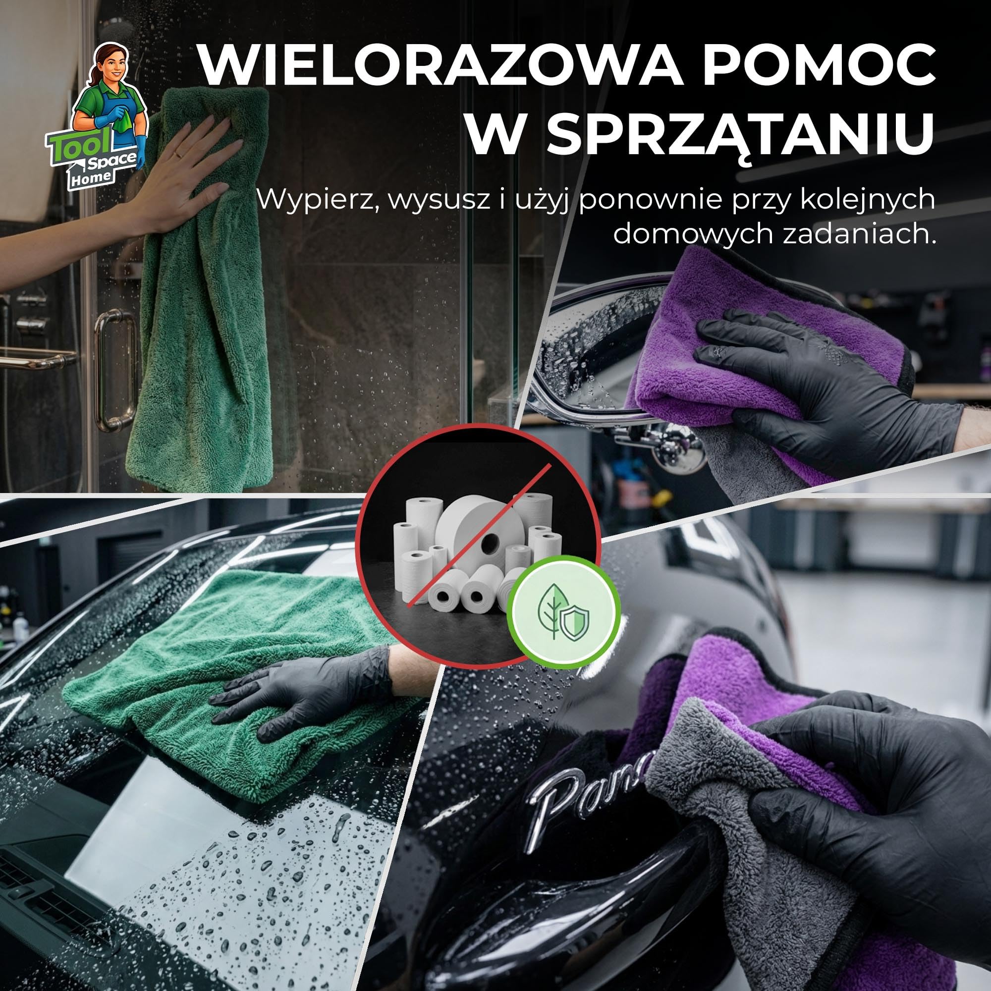 ToolSpace Zestaw Ręczników Samochodowych z Mikrofibry 60x90cm 1300gsm i 38x46cm 600gsm 2 szt. do Osuszania Auta Lakieru Szyb Detailingu Chłonne Miękkie Wielorazowe Bez Smug Premium Mikrofibra i Wosku
