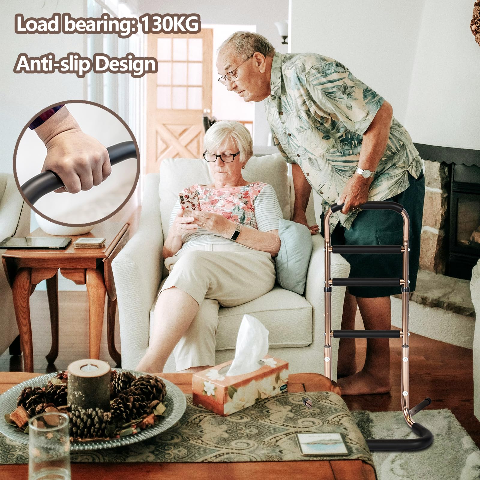 Asistente para levantarse de diario, silla para adultos, soporte de apoyo con 4 asas, ayuda para levantarse cama para personas mayores, soporta hasta 136 kg, altura ajustable