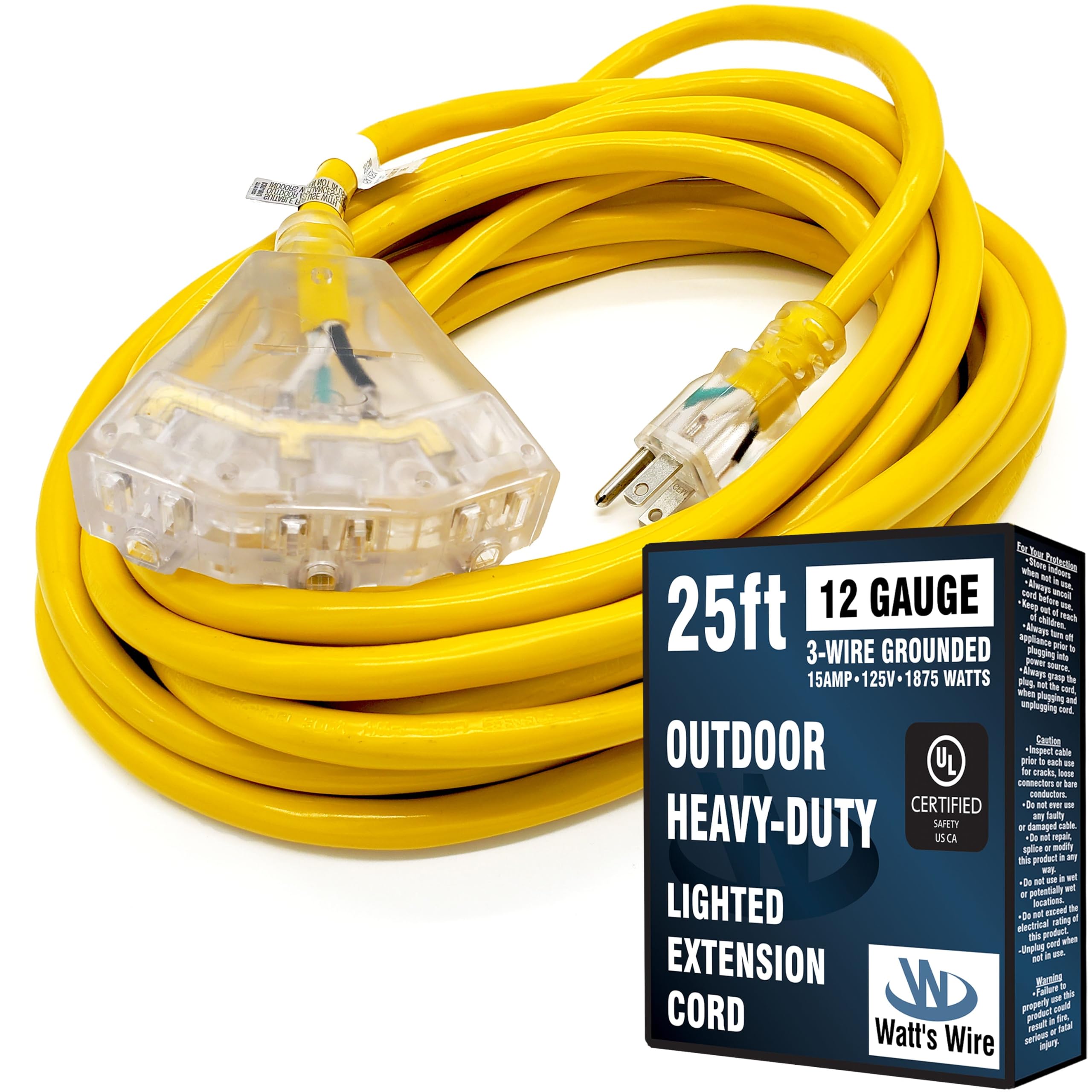 Watt's Wire - Cable de extensión para interiores y exteriores (7,6 m, 12/3, 3 tomas, luz de 3 tomas, 15 amperios y cable de alimentación de tres puntas (7,6 m, 12 AWG)