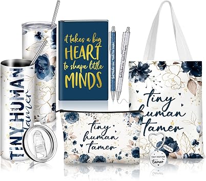 Qinyoung 7 Pcs End of Year Teacher Gifts for Women, Floral Tiny Human Tamer Gifts for Daycare Preschool Teacher Appreciation, 20 oz Tumbler Canvas Tote Makeup Bag Notebook Pens and KeychainElegant