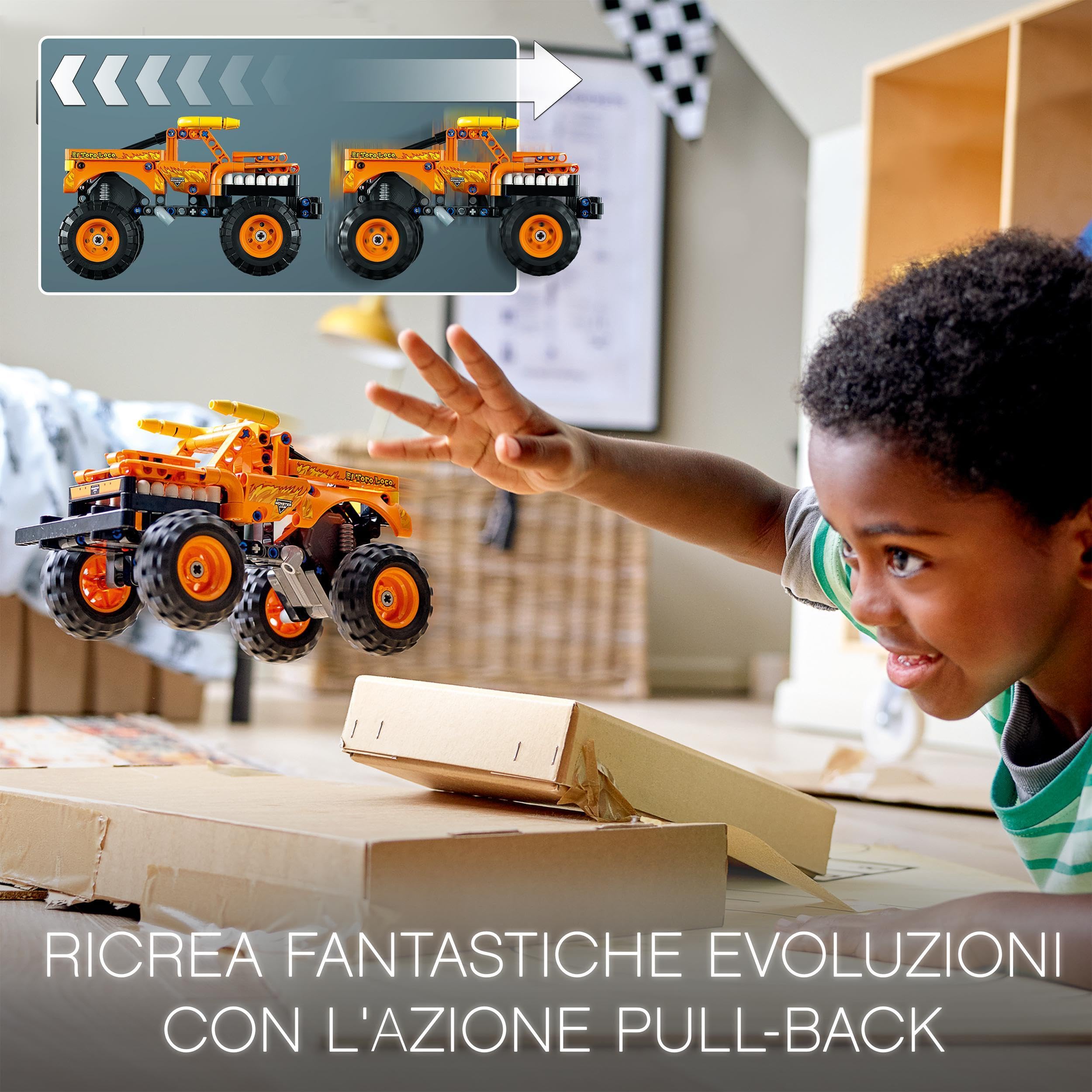LEGO Technic Monster Jam El Toro Loco, Set 2 in 1, Camion Giocattolo da Costruire che si Trasforma in Macchina, Giochi per Bambini e Bambine da 7 Anni in su, Veicolo con Funzione Pull-Back 42135
