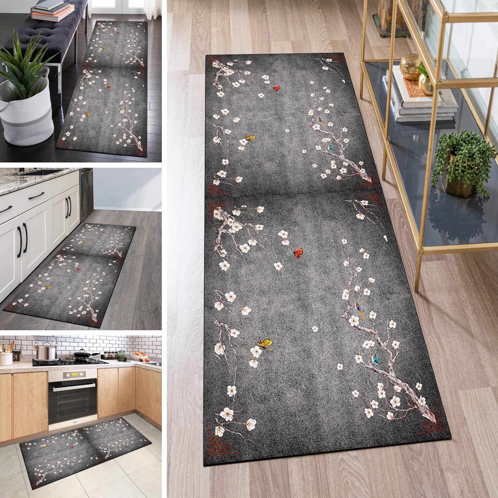 Tapis de couloir gris foncé lavable et antidérapant pour entrée et cuisine de 40 à 120 cm de large