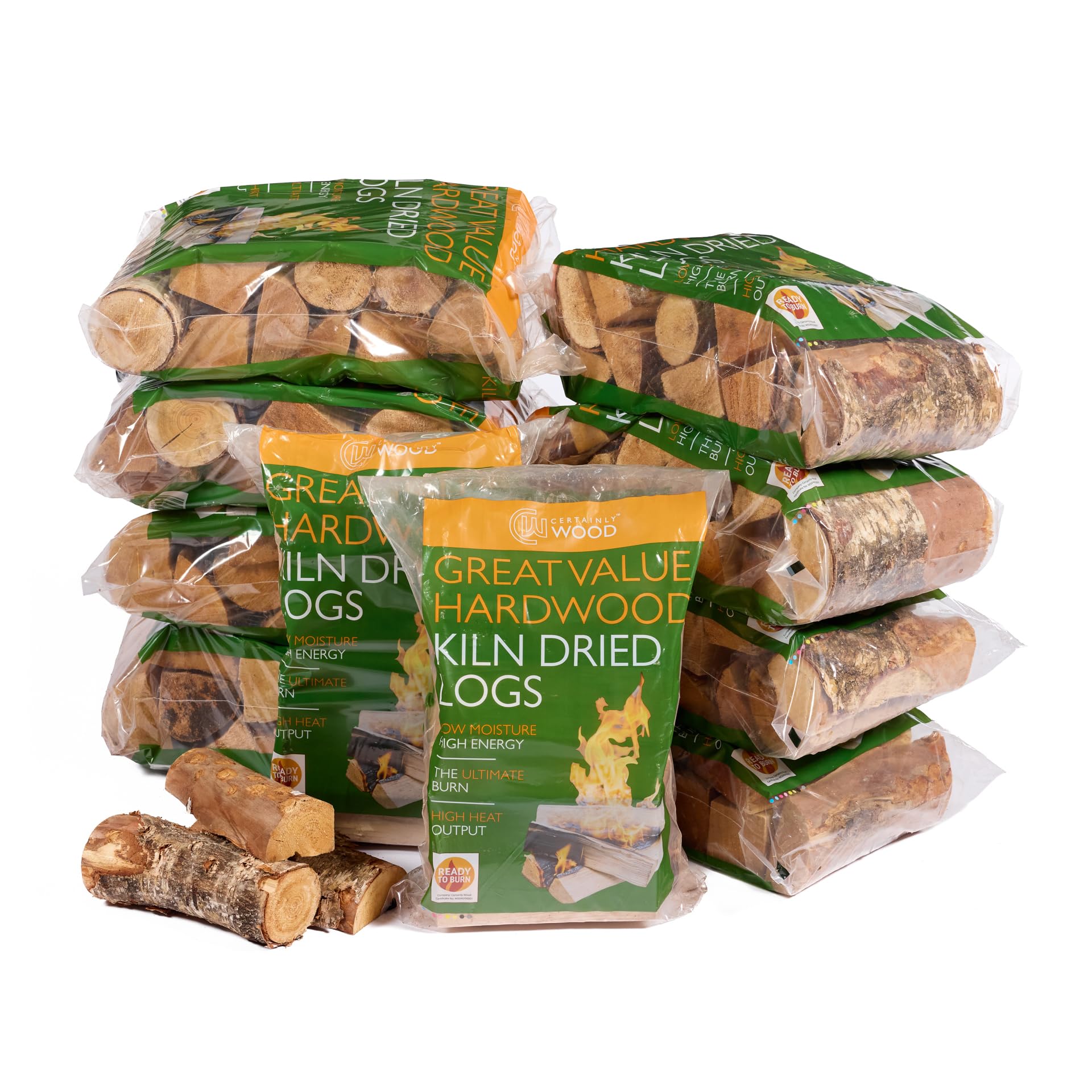 Certainly Wood Brown Kiln Dried Hardwood Logs, 25Cm Length, Approx. 10Kg Bags, Ready To Burn For Stoves And Fireplaces (8 Bags)