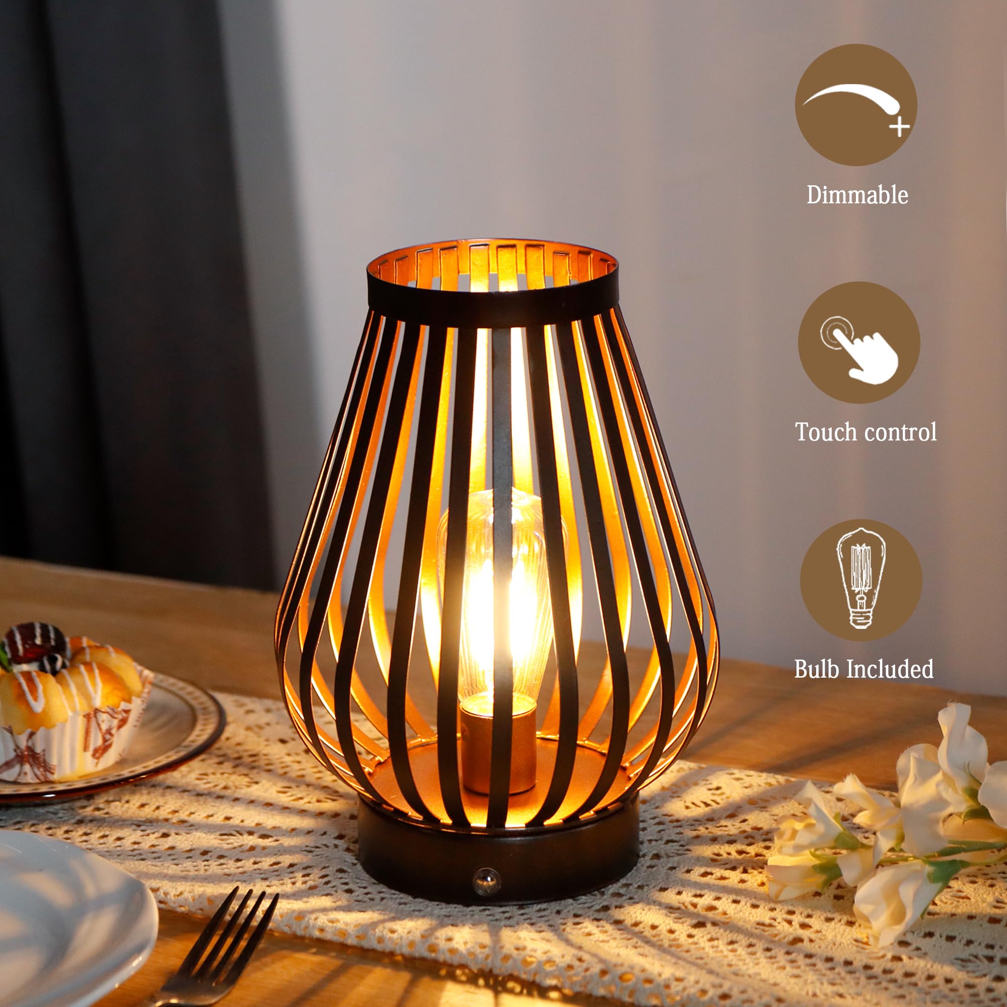 JHY DESIGN 2 lámparas de mesa de metal recargables de 22 cm, lámpara inalámbrica | 2 lámparas de mesa táctiles regulables de 22 cm de alto, con bombilla LED, inalámbrica, para patio, interior y exterior