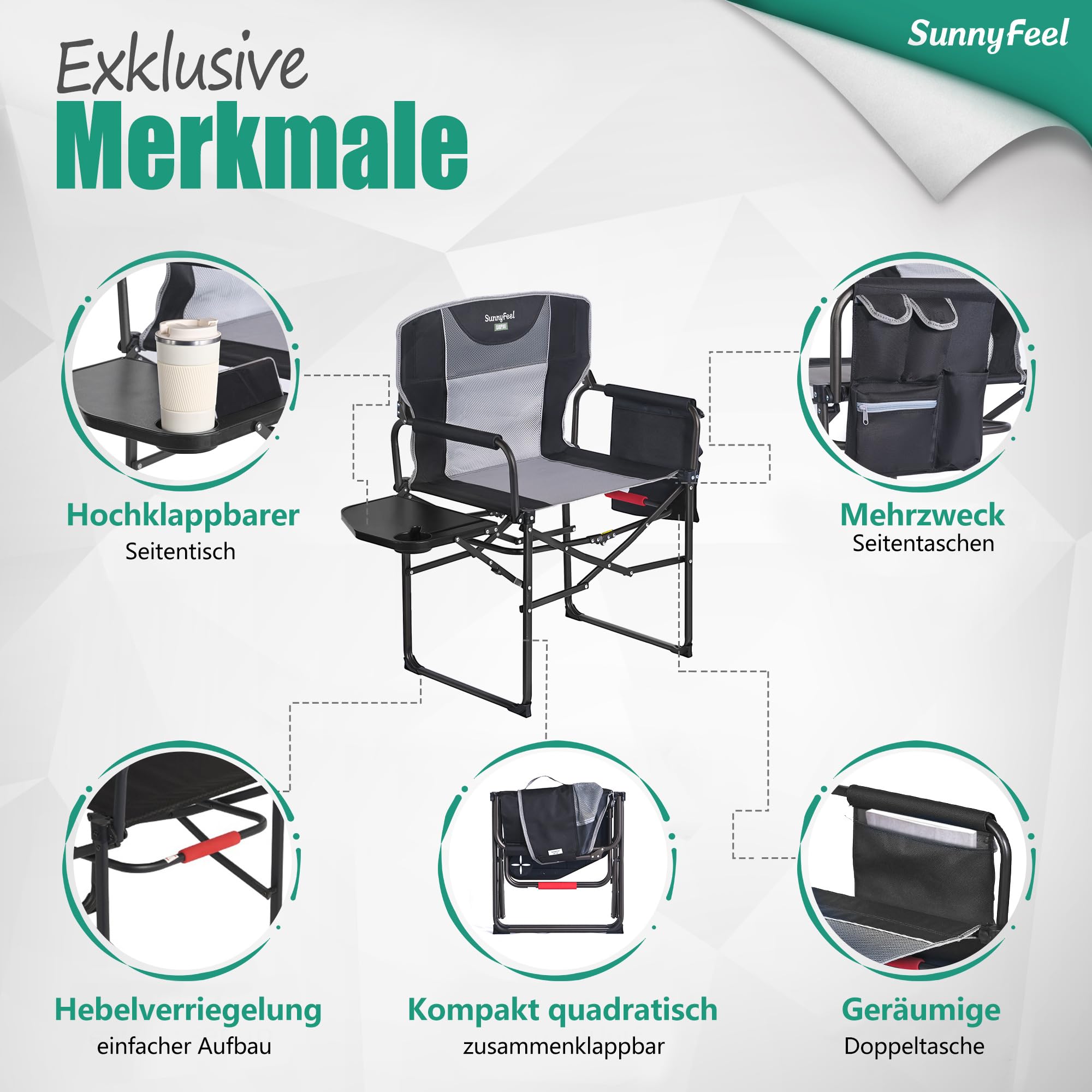 SUNNYFEEL Regiestuhl Klappbar,136KG Campingstuhl Faltbar,mit Seitentisch Kompakt Klappbarer Campingstuhl mit Getränkehalter und Seitentasche,Strapazierfähig für Camping,Angeln,Picknick,Garten,Schwarz