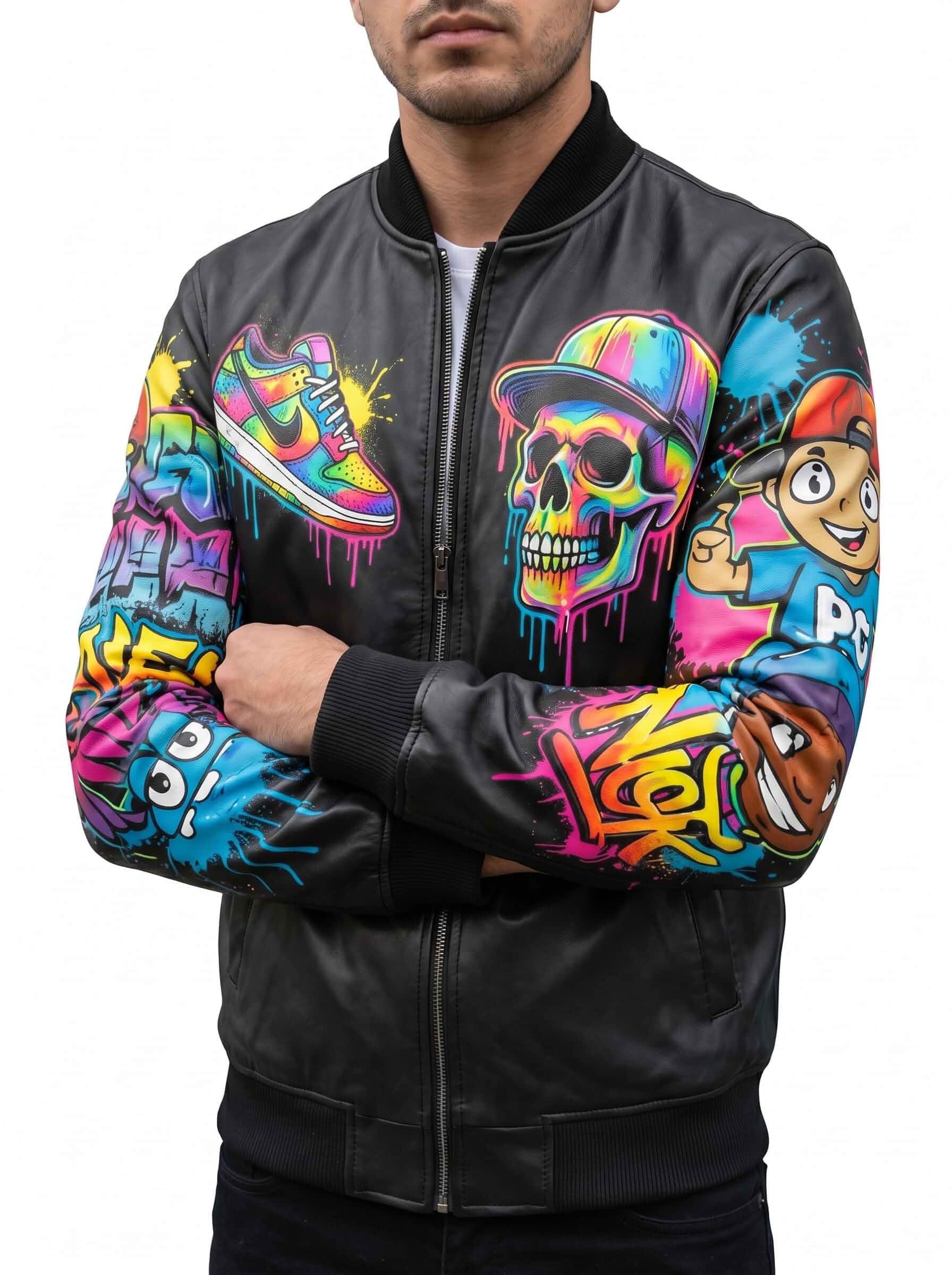 Mens Leather Graphic Jacket - Streetwear Fashion Hip-Hop 3D Printed Jackets for Men - Graffiti Print Novelty Jackets