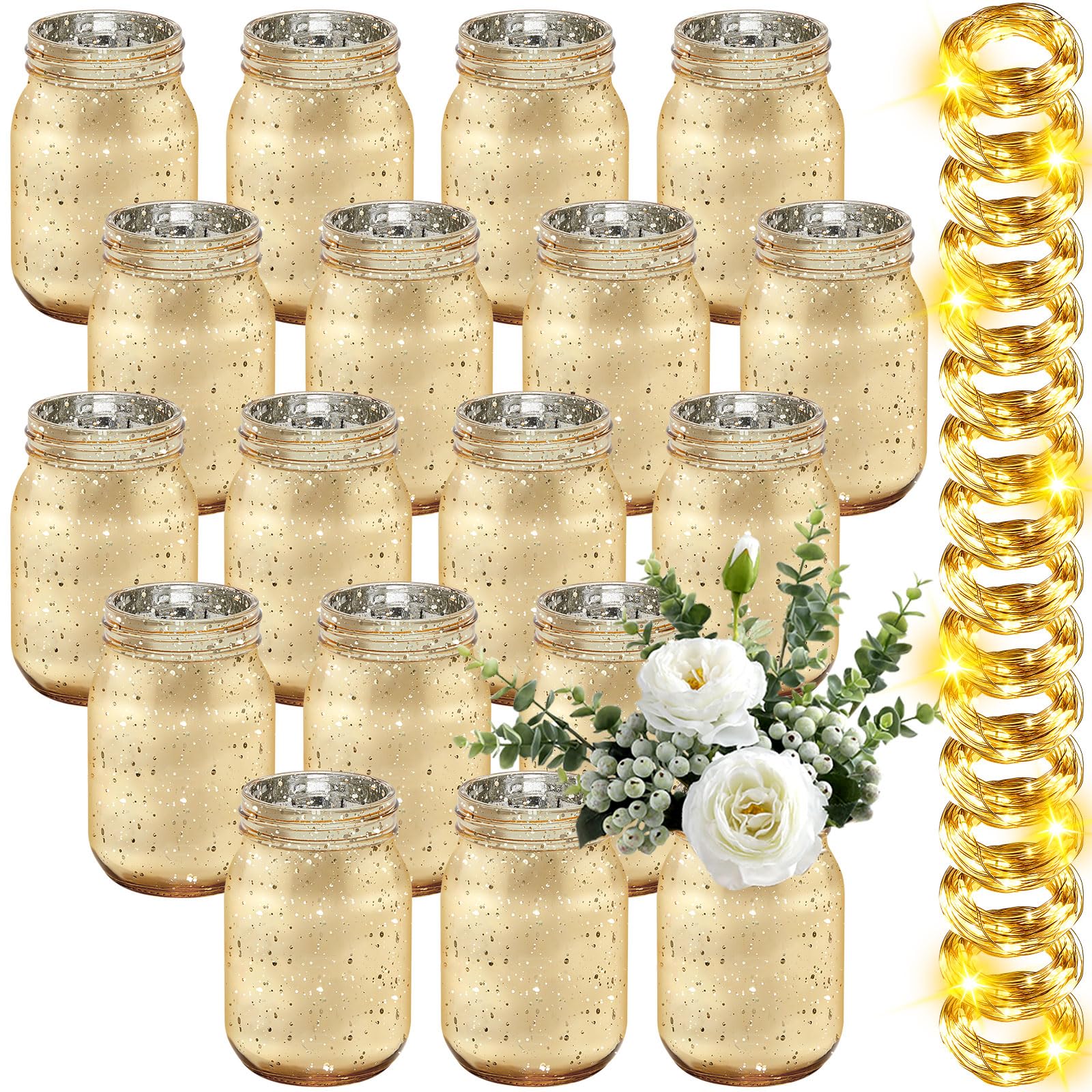 View 1 of Tioncy 12 Set Decorative Mason Jar with Light for Table Centerpiece, Gold