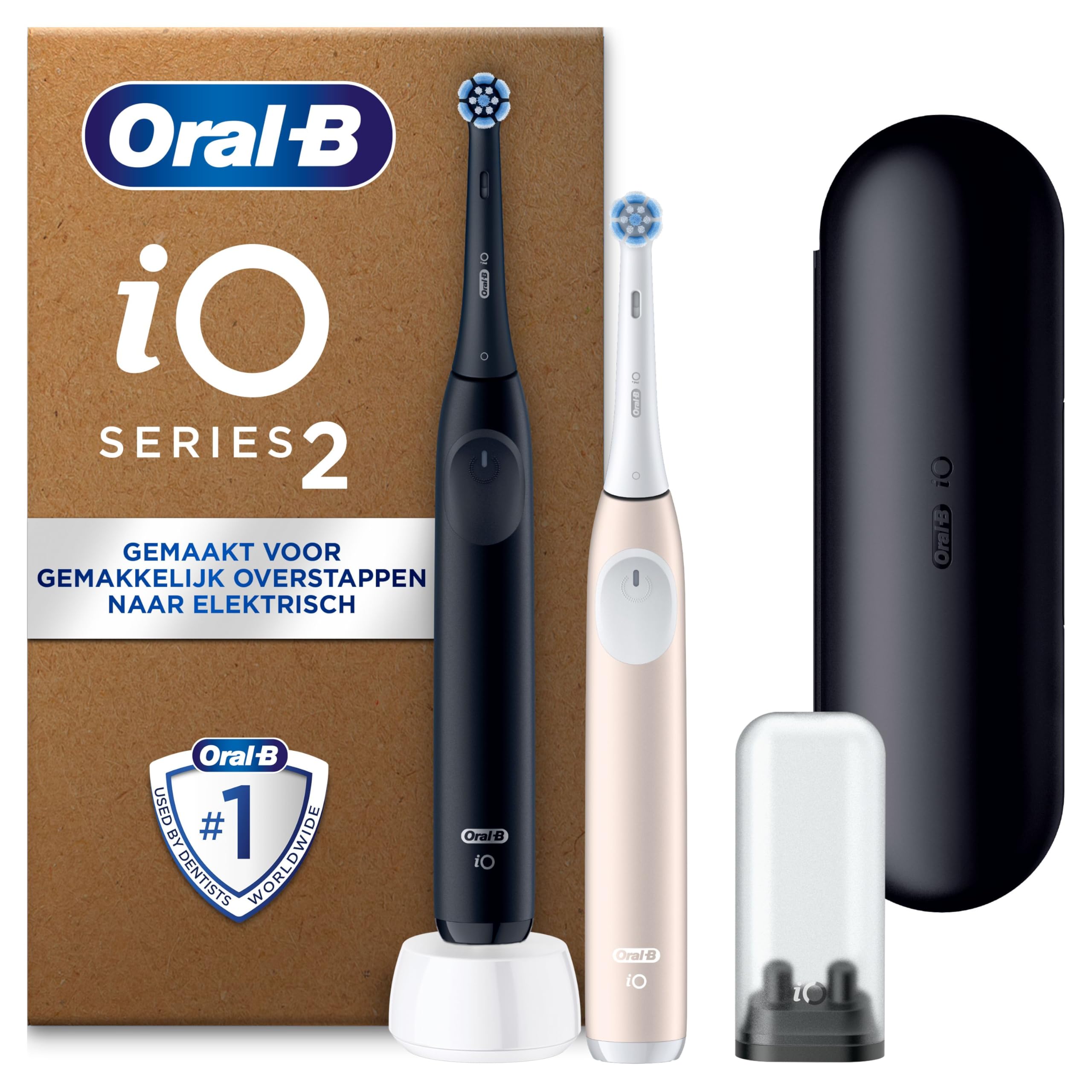 Oral-B iO 2 DUO Night Black en Calm Pink Elektrische Tandenborstels, 2 Opzetborstel, 1 Reisetui, 1 Reisopzetborstelhouder, Ontworpen door Braun